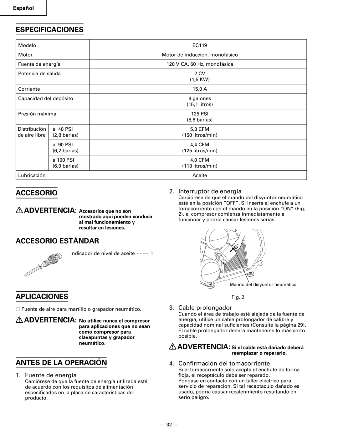 Hitachi EC119 OM instruction manual Especificaciones, Accesorio Estándar, Aplicaciones, Antes DE LA Operación 