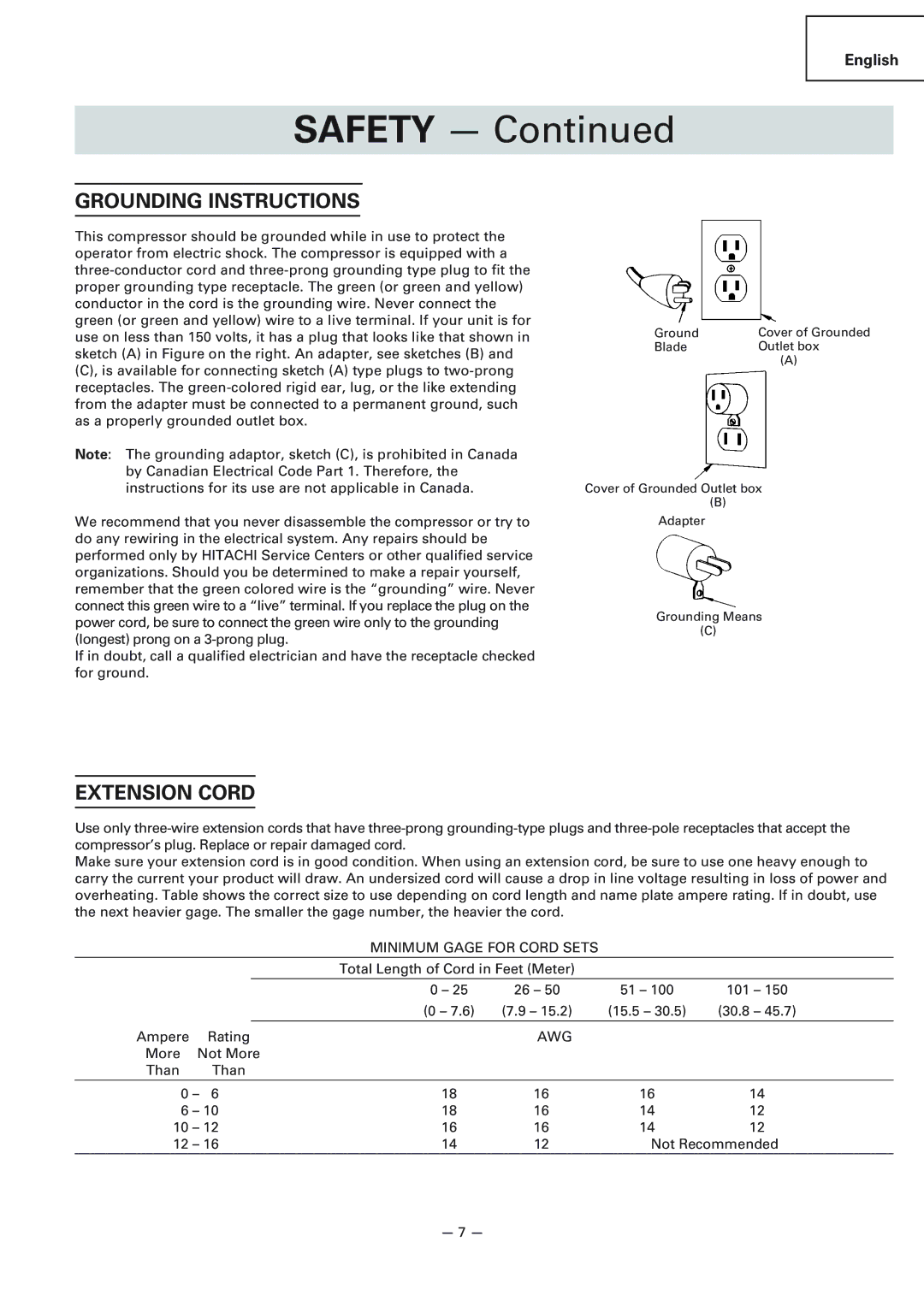 Hitachi EC119 OM instruction manual Grounding Instructions, Extension Cord 