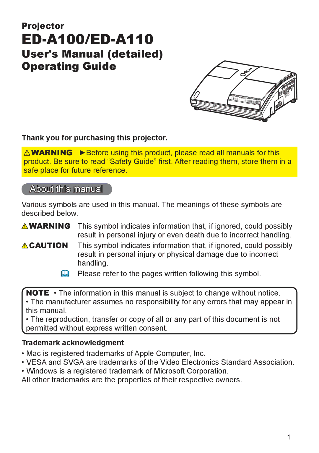 Hitachi ED-A110 user manual About this manual, Thank you for purchasing this projector, Trademark acknowledgment 