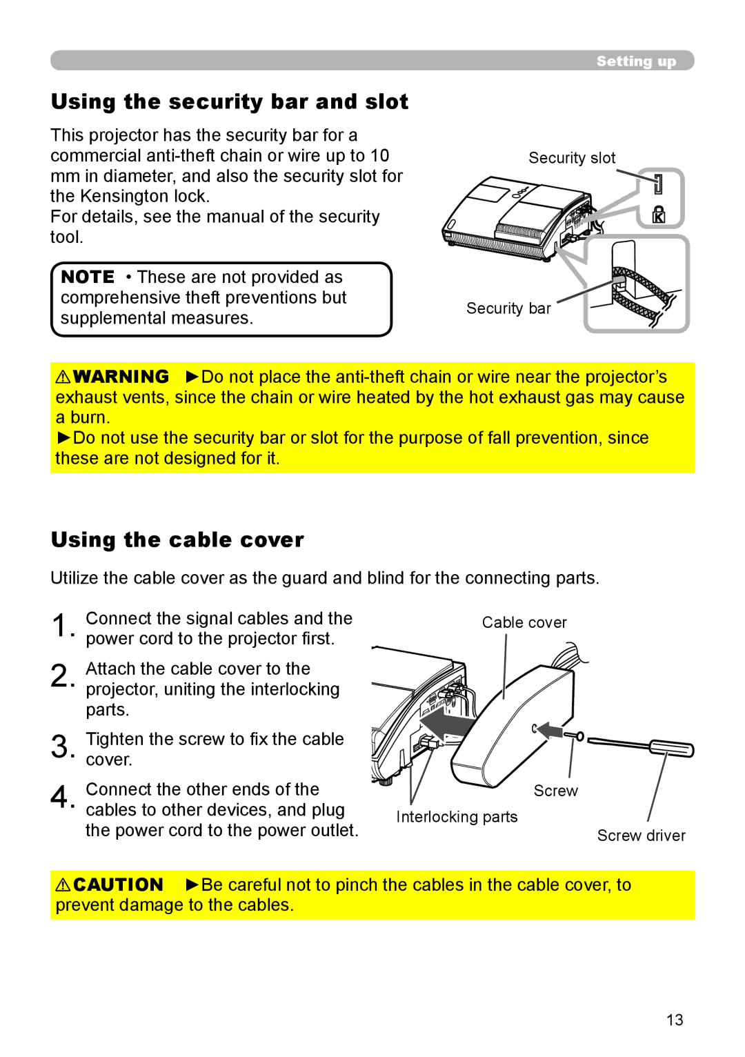 Hitachi ED-A110 user manual Using the security bar and slot, Using the cable cover 