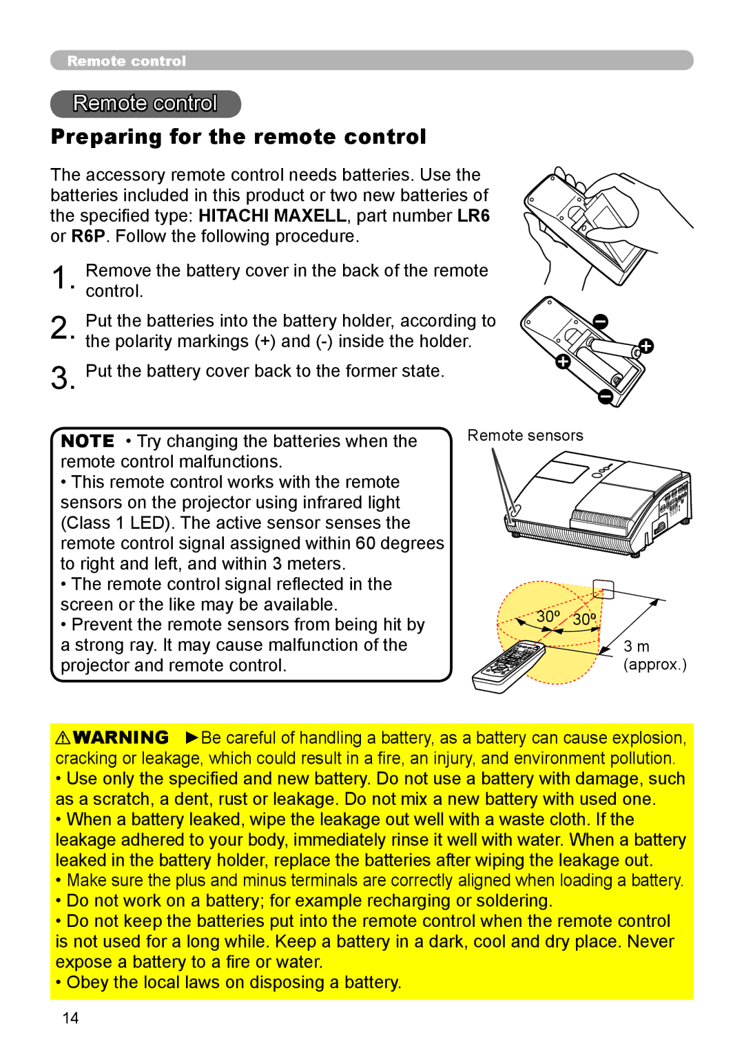 Hitachi ED-A110 user manual Remote control, Preparing for the remote control 