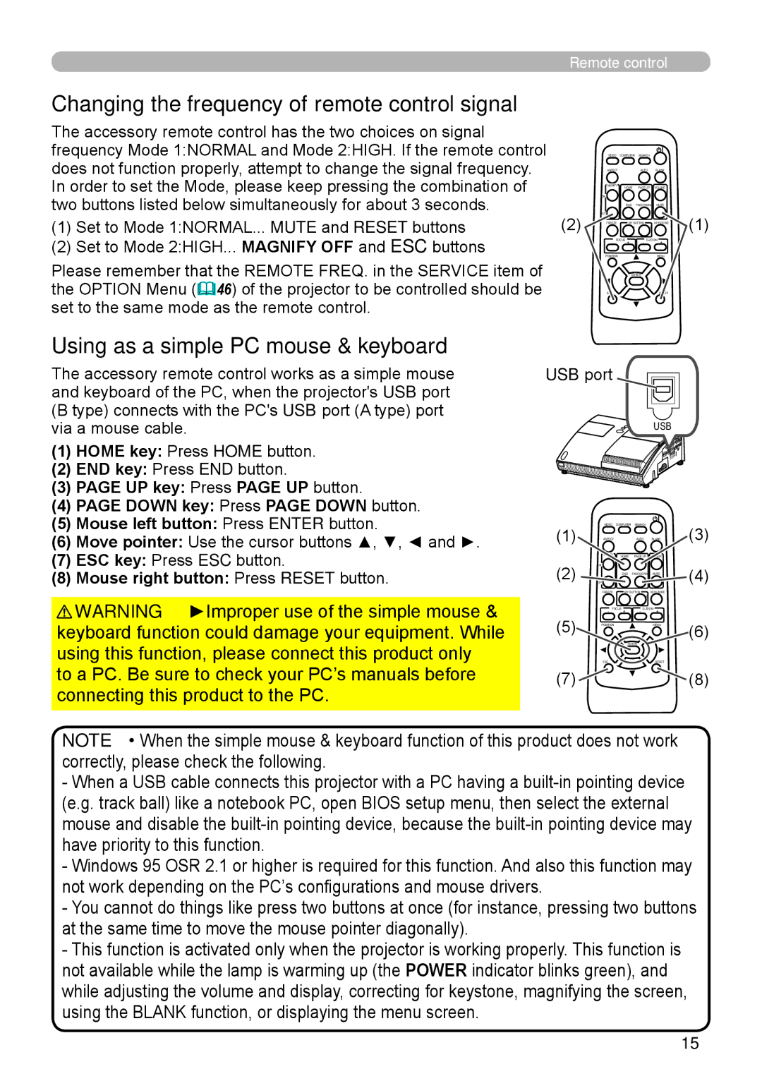 Hitachi ED-A110 user manual Changing the frequency of remote control signal, Using as a simple PC mouse & keyboard 