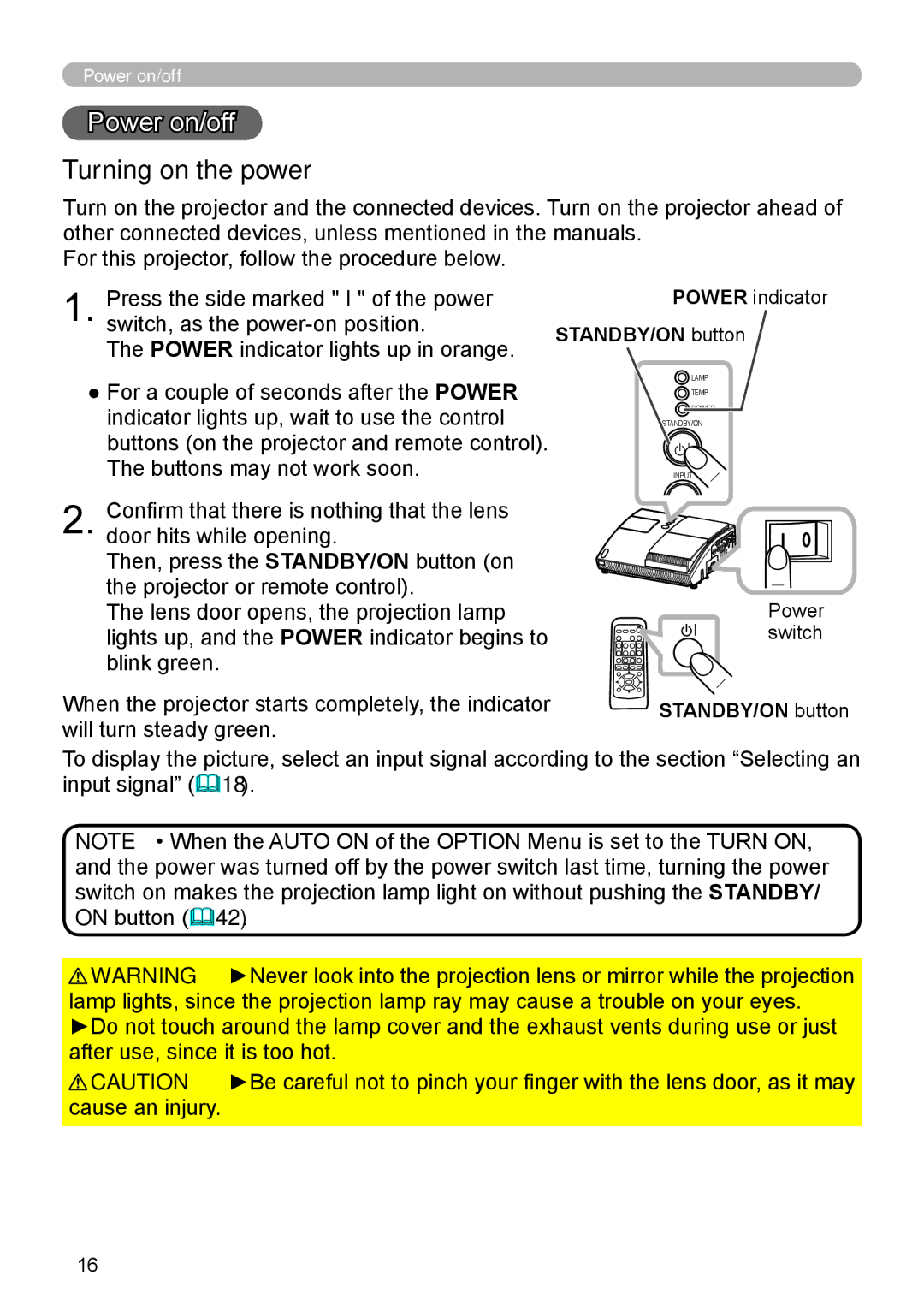 Hitachi ED-A110 user manual Power on/off, Turning on the power, STANDBY/ON button 