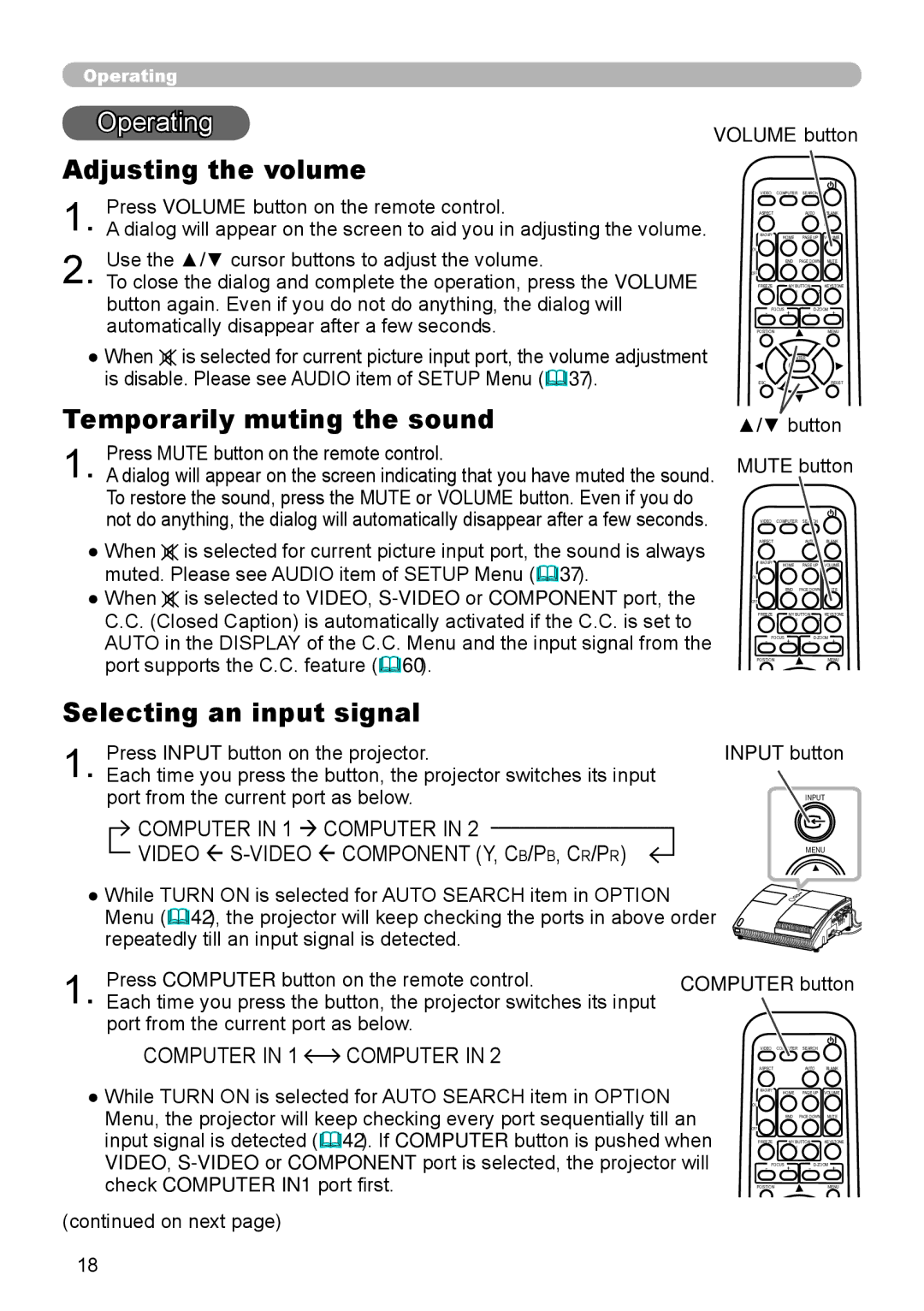 Hitachi ED-A110 user manual Operating, Adjusting the volume, Temporarily muting the sound, Selecting an input signal 