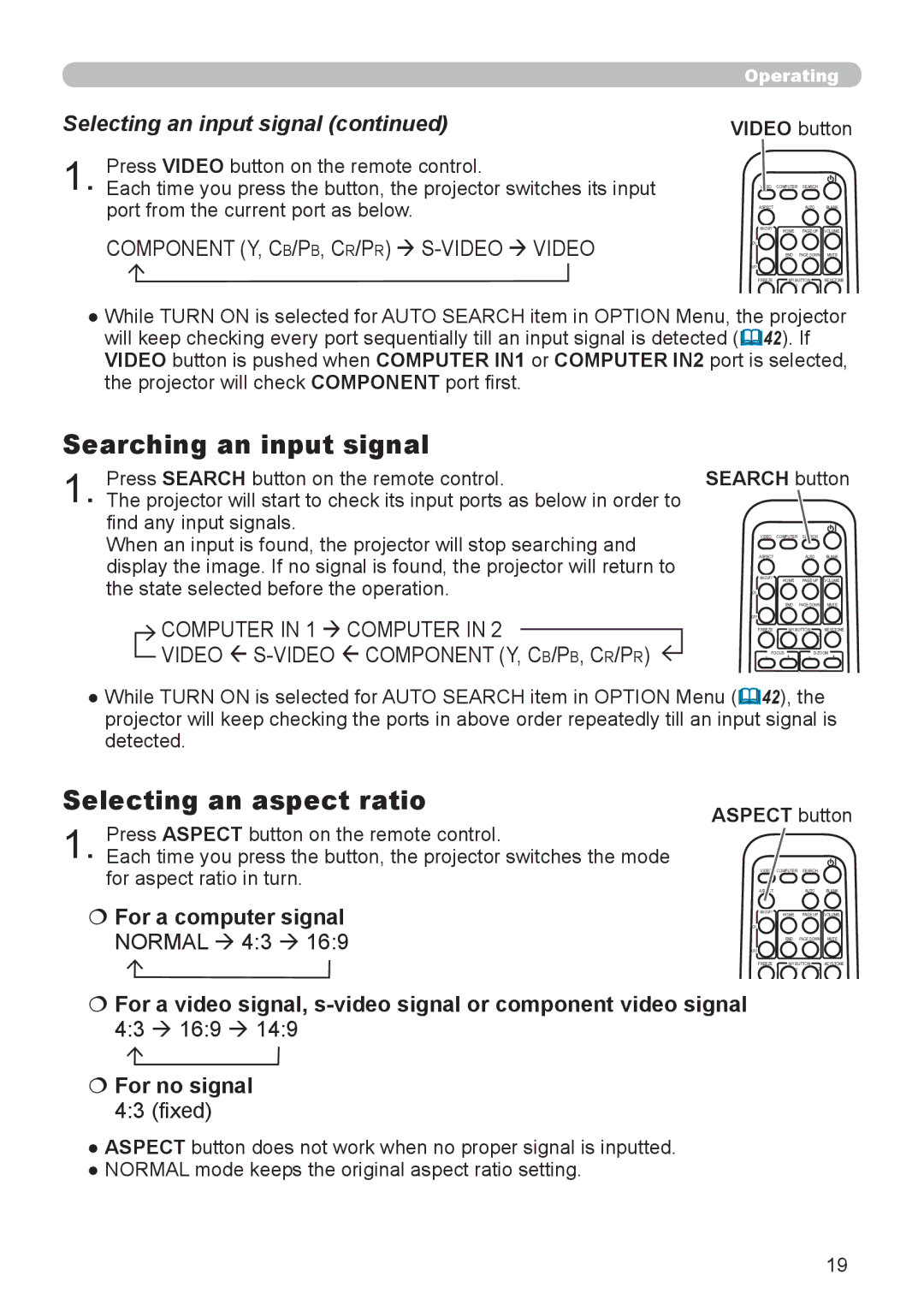 Hitachi ED-A110 user manual Searching an input signal, Selecting an aspect ratio, Selecting an input signal 