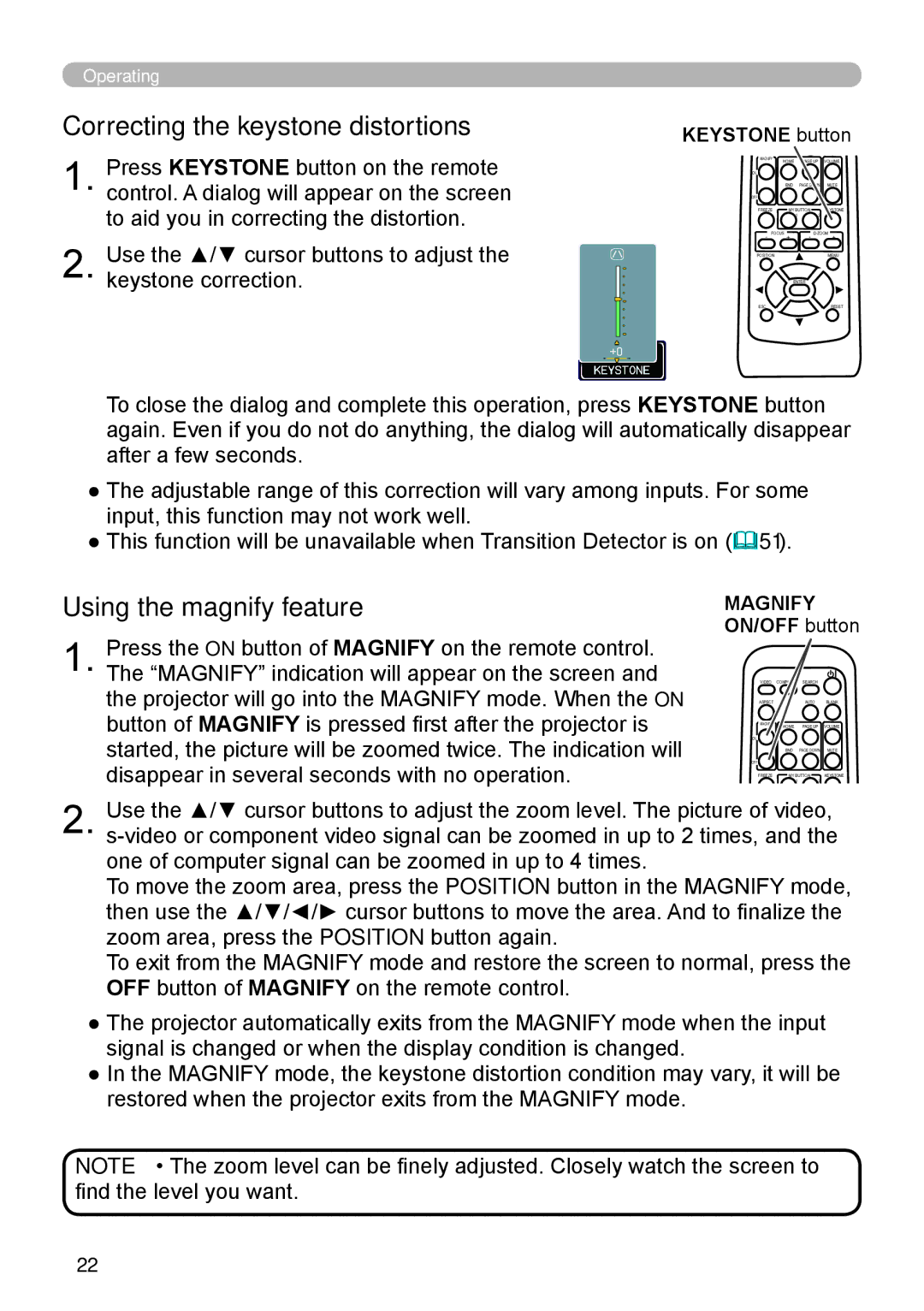 Hitachi ED-A110 Correcting the keystone distortions, Using the magnify feature, Keystone button, Magnify ON/OFF button 