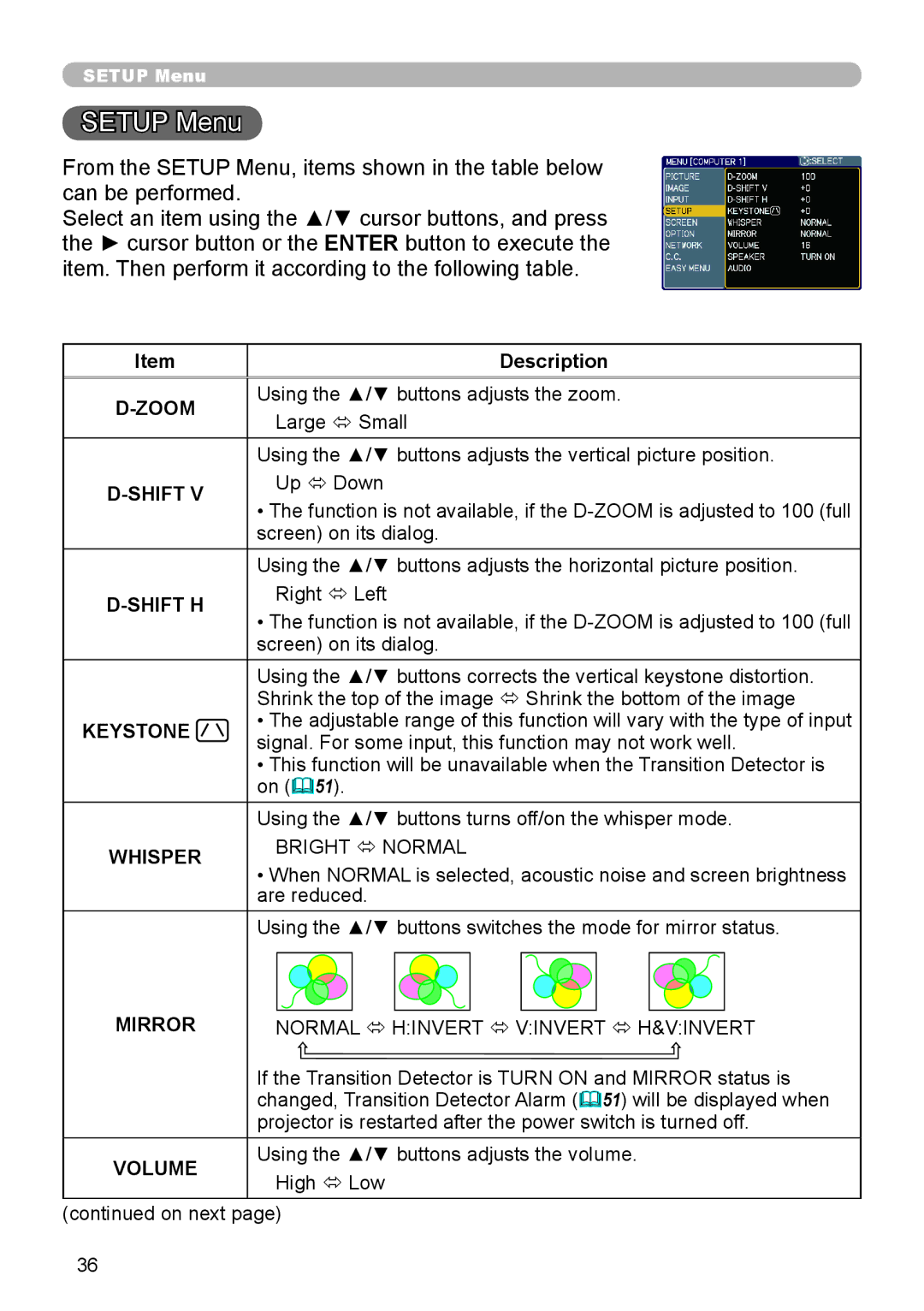 Hitachi ED-A110 user manual Setup Menu, Shift H, Volume 