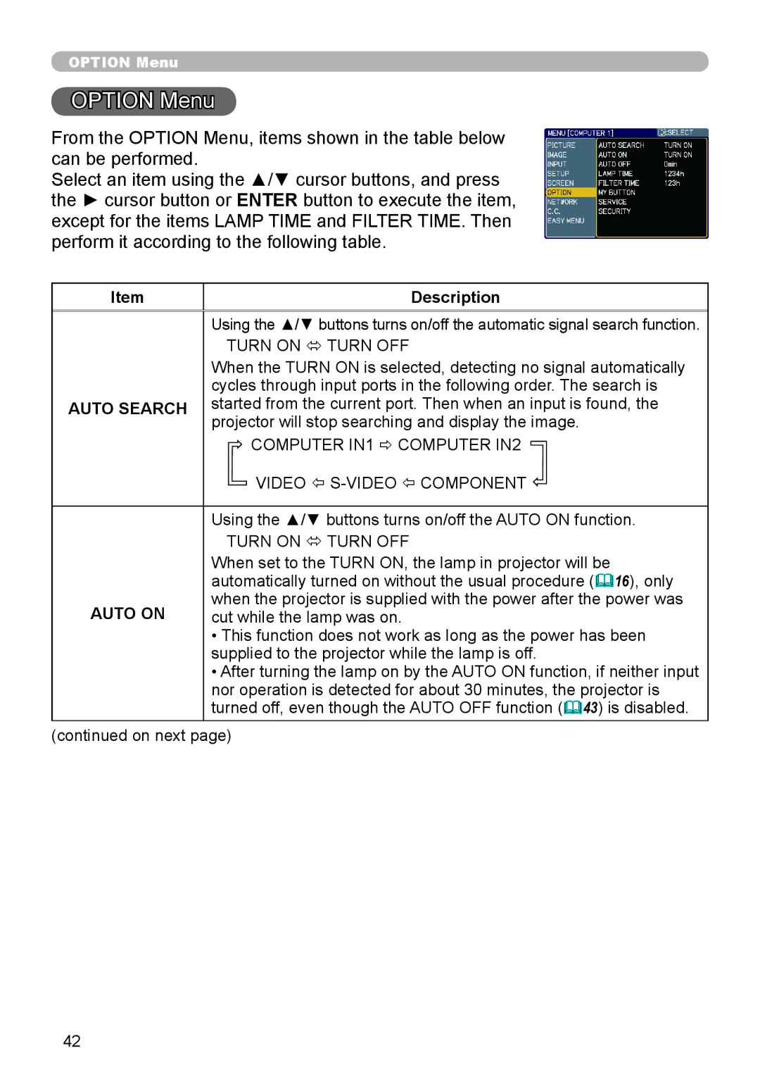 Hitachi ED-A110 user manual Option Menu, Auto Search, Auto on 