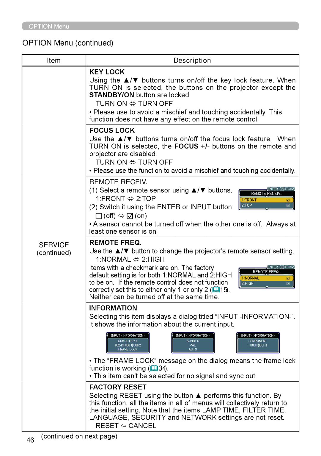 Hitachi ED-A110 user manual KEY Lock, Focus Lock, Remote Receiv, Service Remote Freq, Information, Factory Reset 