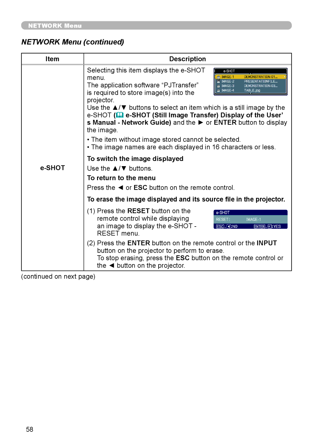 Hitachi ED-A110 user manual Description Shot, To switch the image displayed, To return to the menu 