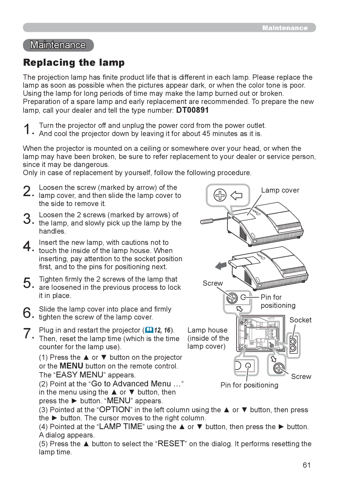 Hitachi ED-A110 user manual Maintenance, Replacing the lamp 