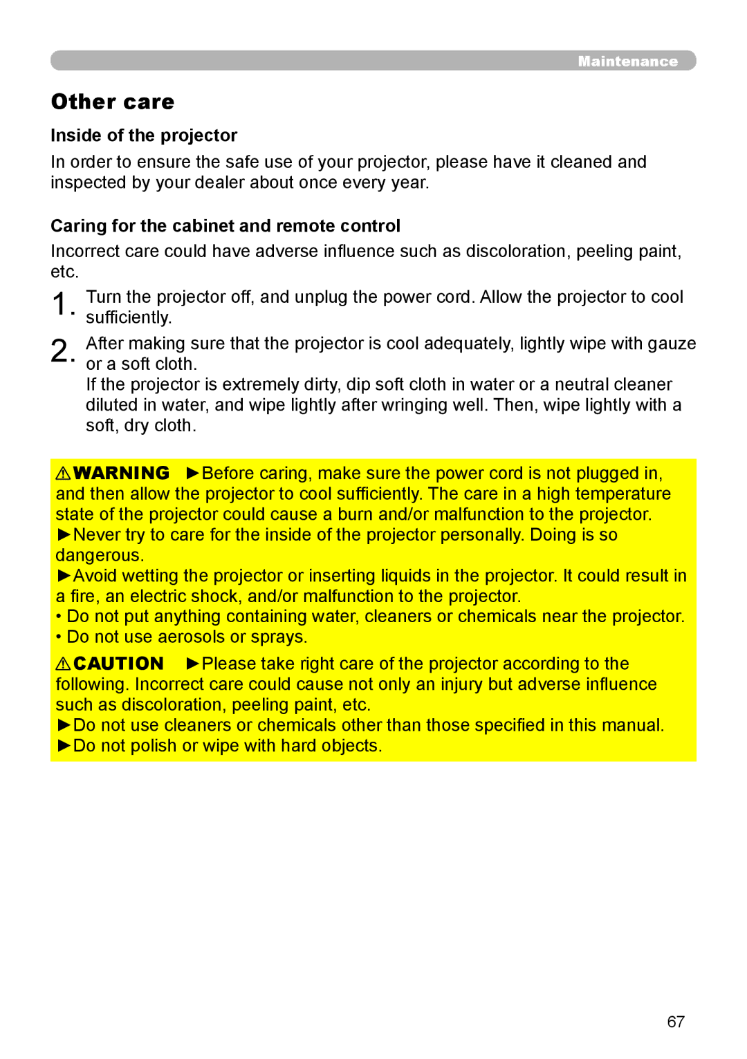 Hitachi ED-A110 user manual Other care, Inside of the projector, Caring for the cabinet and remote control 