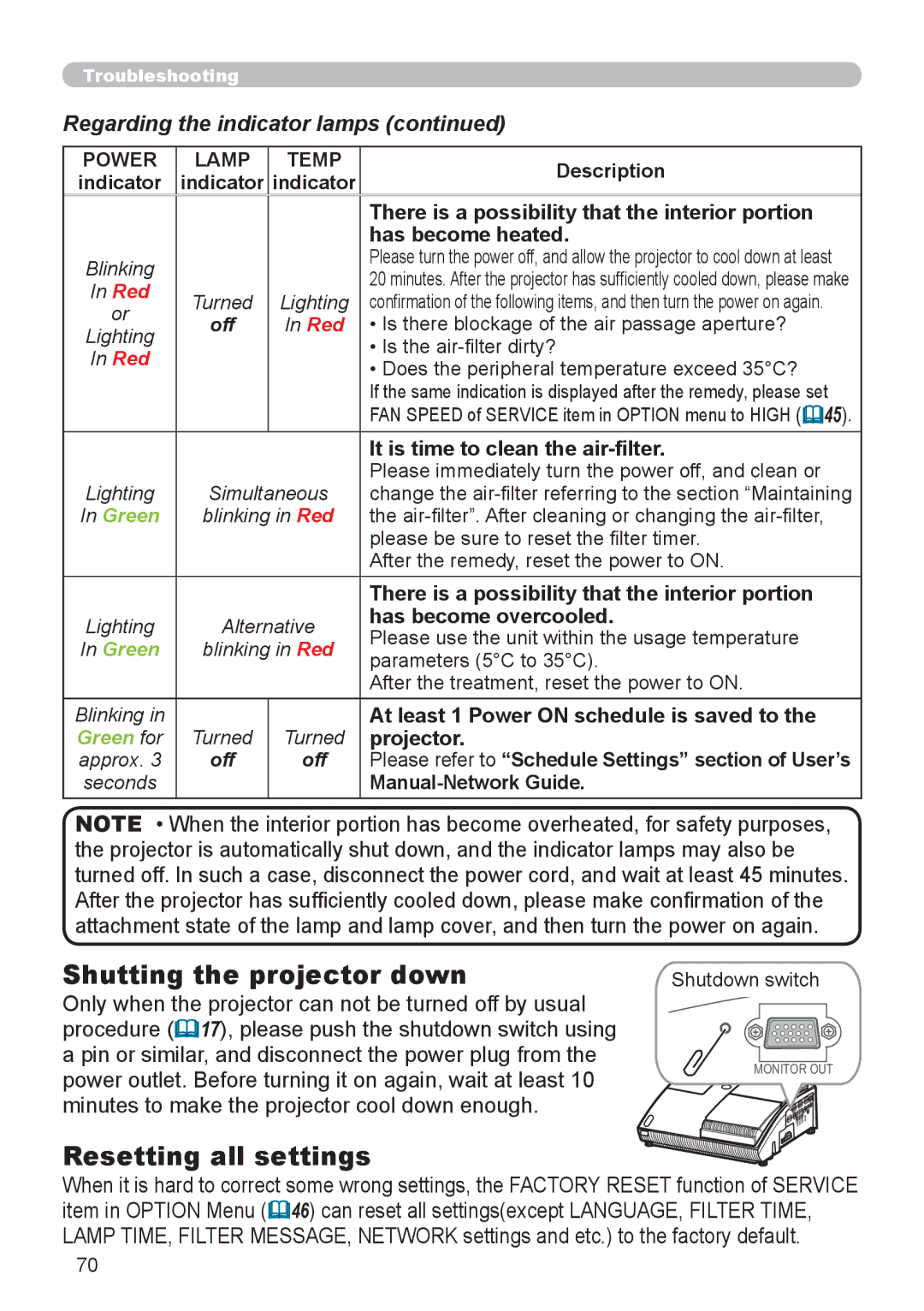 Hitachi ED-A110 user manual Shutting the projector down, Resetting all settings 