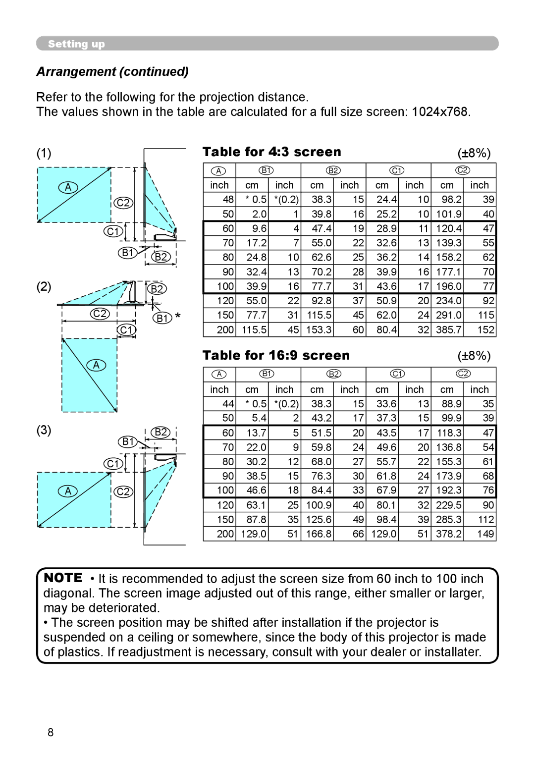 Hitachi ED-A110 user manual Arrangement, Table for 43 screen, Table for 169 screen 