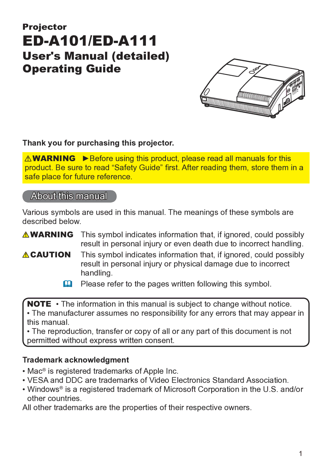 Hitachi ED-A111 user manual About this manual, Thank you for purchasing this projector, Trademark acknowledgment 