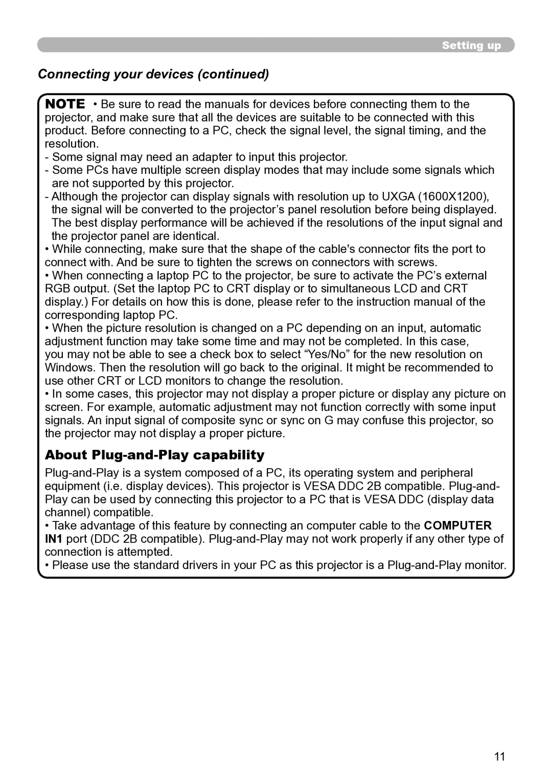 Hitachi ED-A111 user manual Connecting your devices, About Plug-and-Play capability 