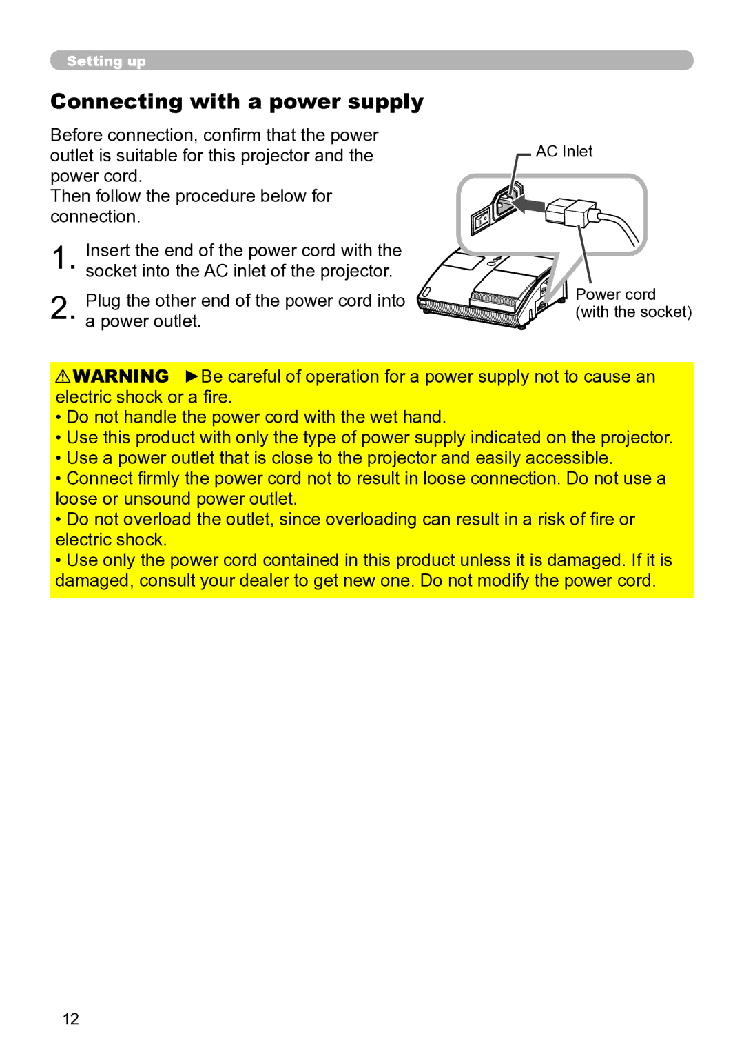 Hitachi ED-A111 user manual Connecting with a power supply, AC Inlet Power cord with the socket 