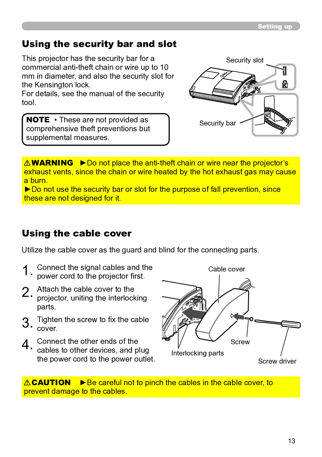 Hitachi ED-A111 user manual Using the security bar and slot, Using the cable cover, Security slot Security bar 