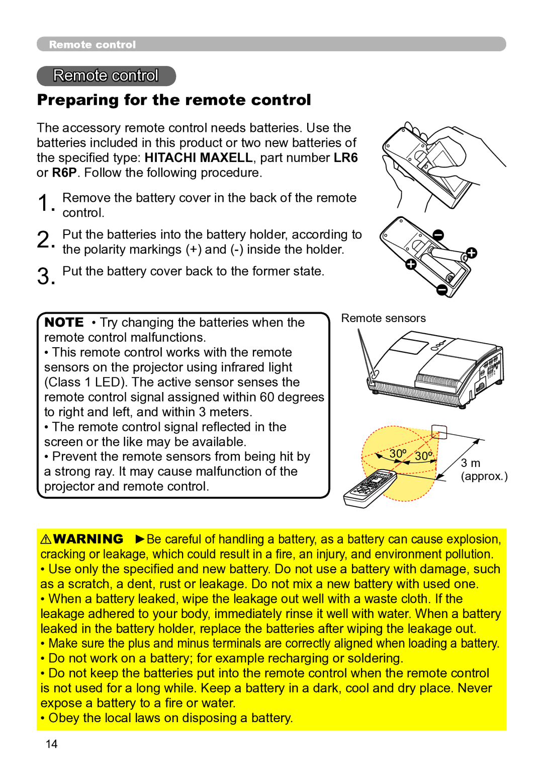 Hitachi ED-A111 user manual Remote control, Preparing for the remote control, 30º 30º, Approx 