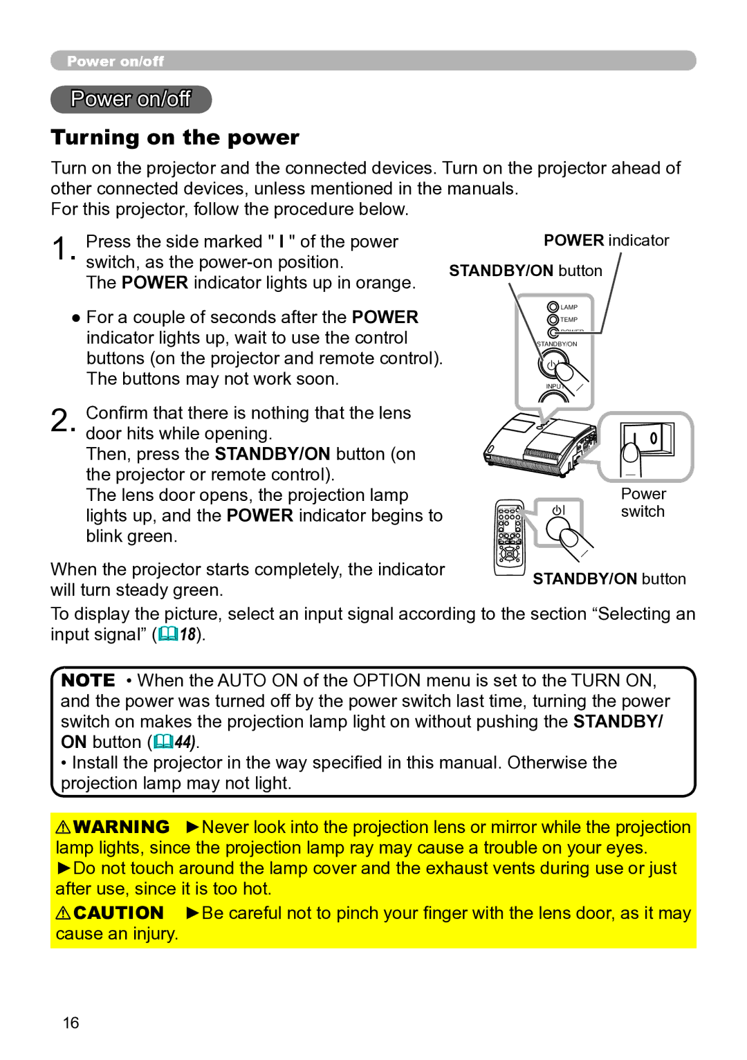 Hitachi ED-A111 user manual Power on/off, Turning on the power, Power indicator, STANDBY/ON button, Power switch 