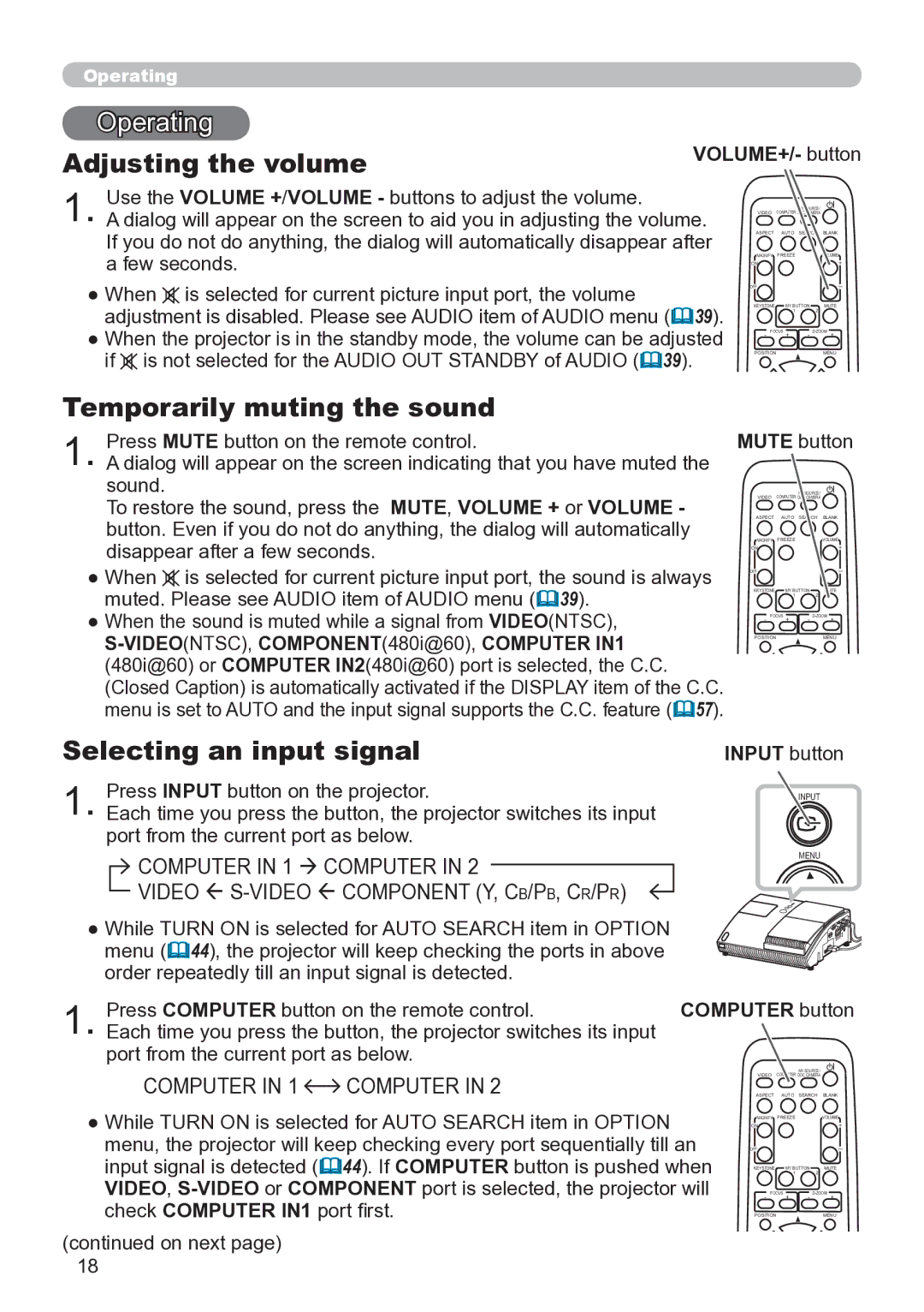 Hitachi ED-A111 user manual Operating, Adjusting the volume, Temporarily muting the sound, Selecting an input signal 