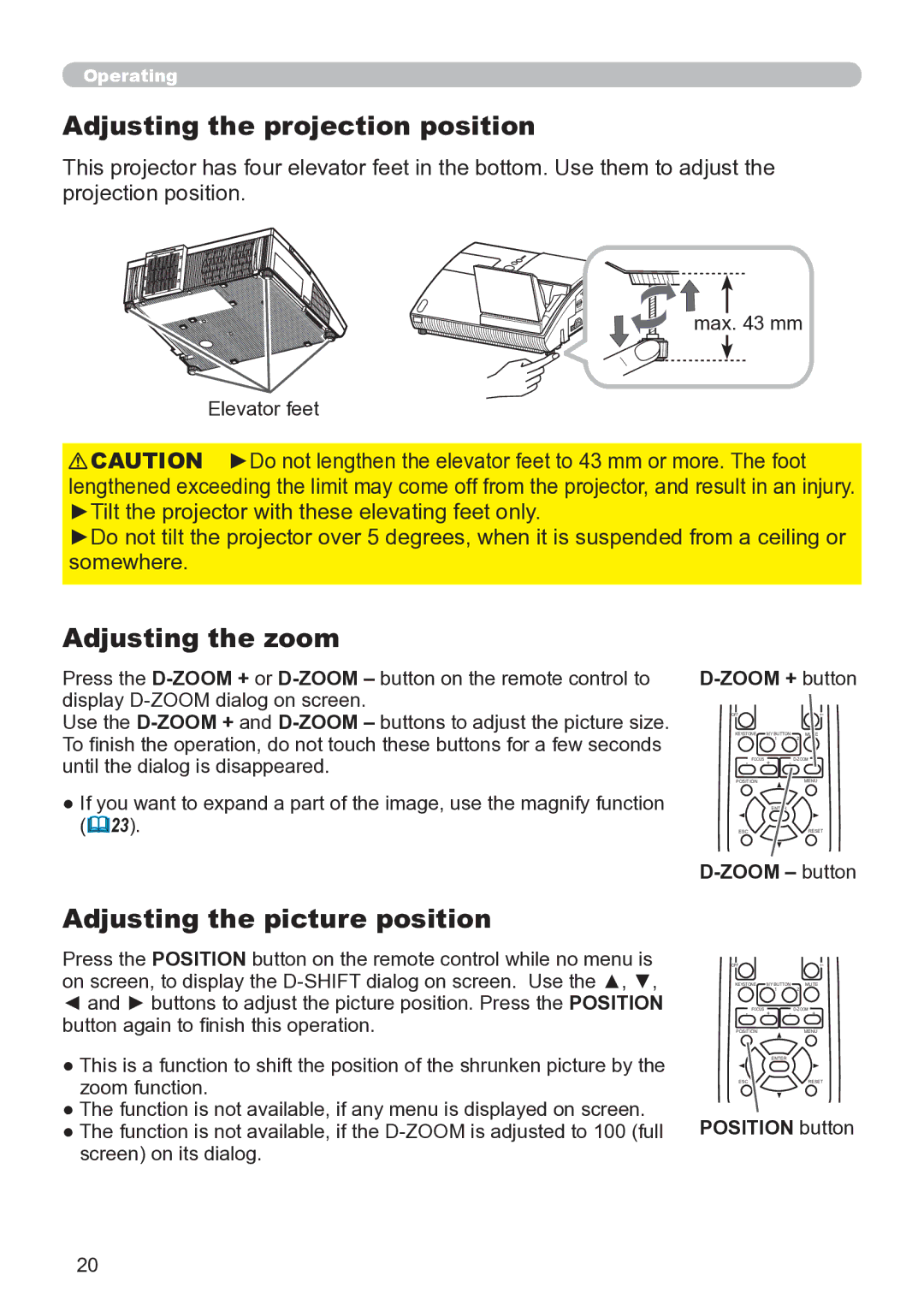 Hitachi ED-A111 user manual Adjusting the projection position, Adjusting the zoom, Adjusting the picture position 