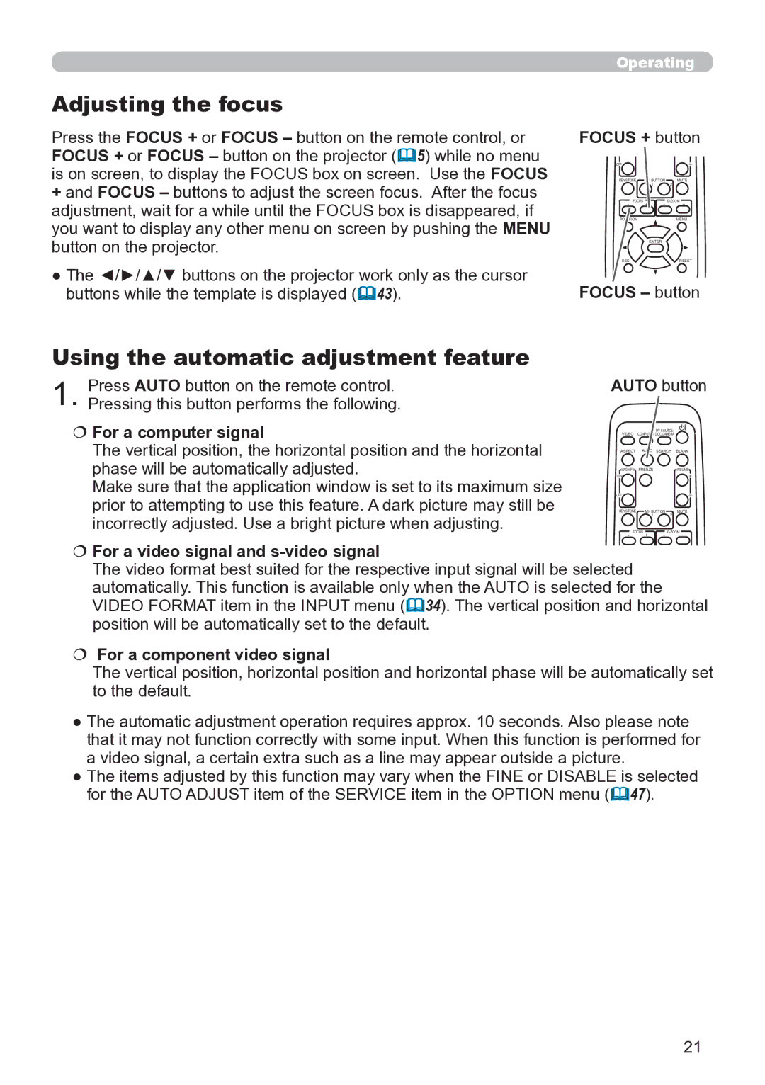 Hitachi ED-A111 user manual Adjusting the focus, Using the automatic adjustment feature 