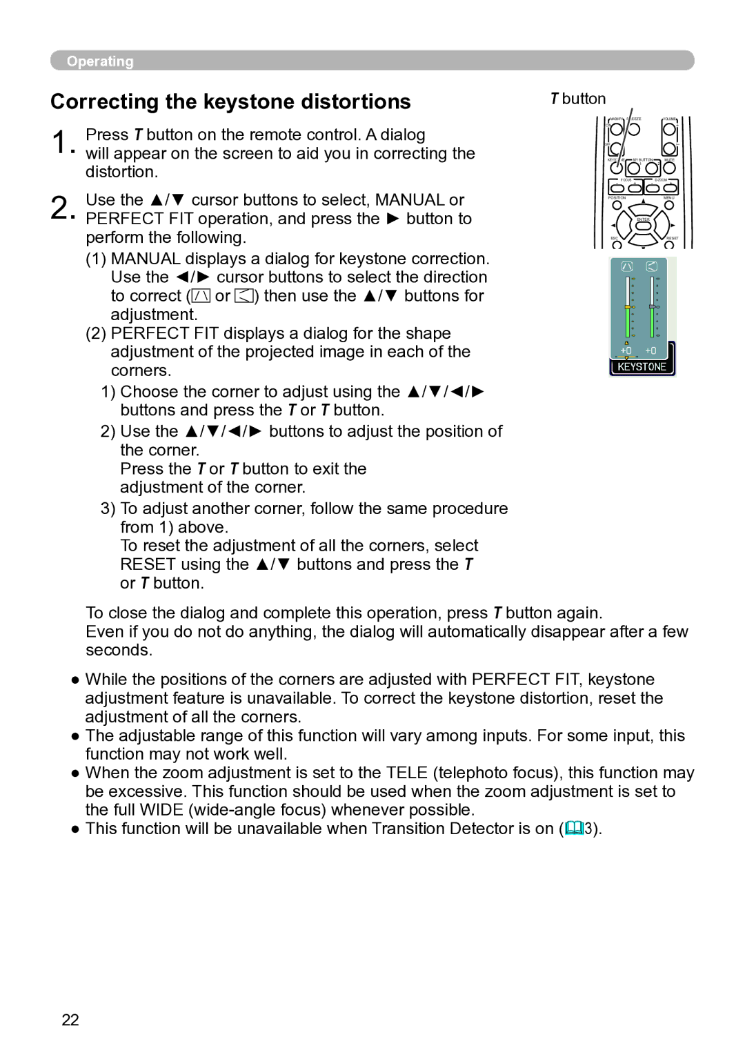 Hitachi ED-A111 user manual Correcting the keystone distortions, Keystone button 