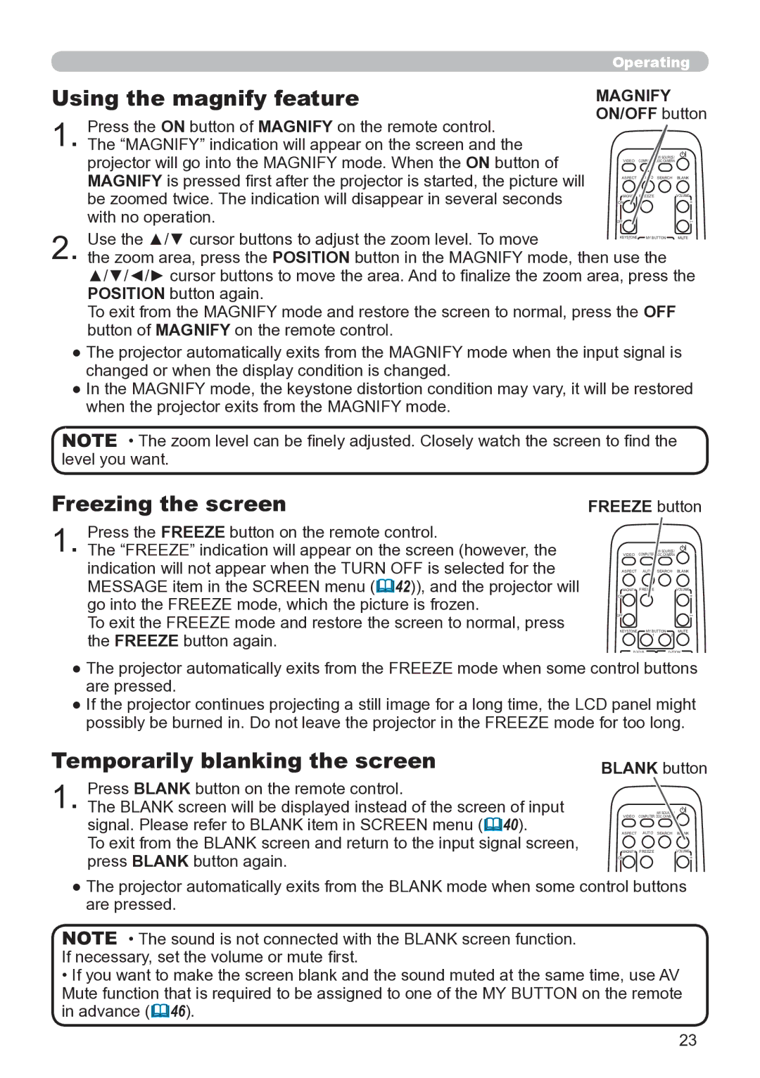 Hitachi ED-A111 user manual Using the magnify feature, Freezing the screen, Temporarily blanking the screen 