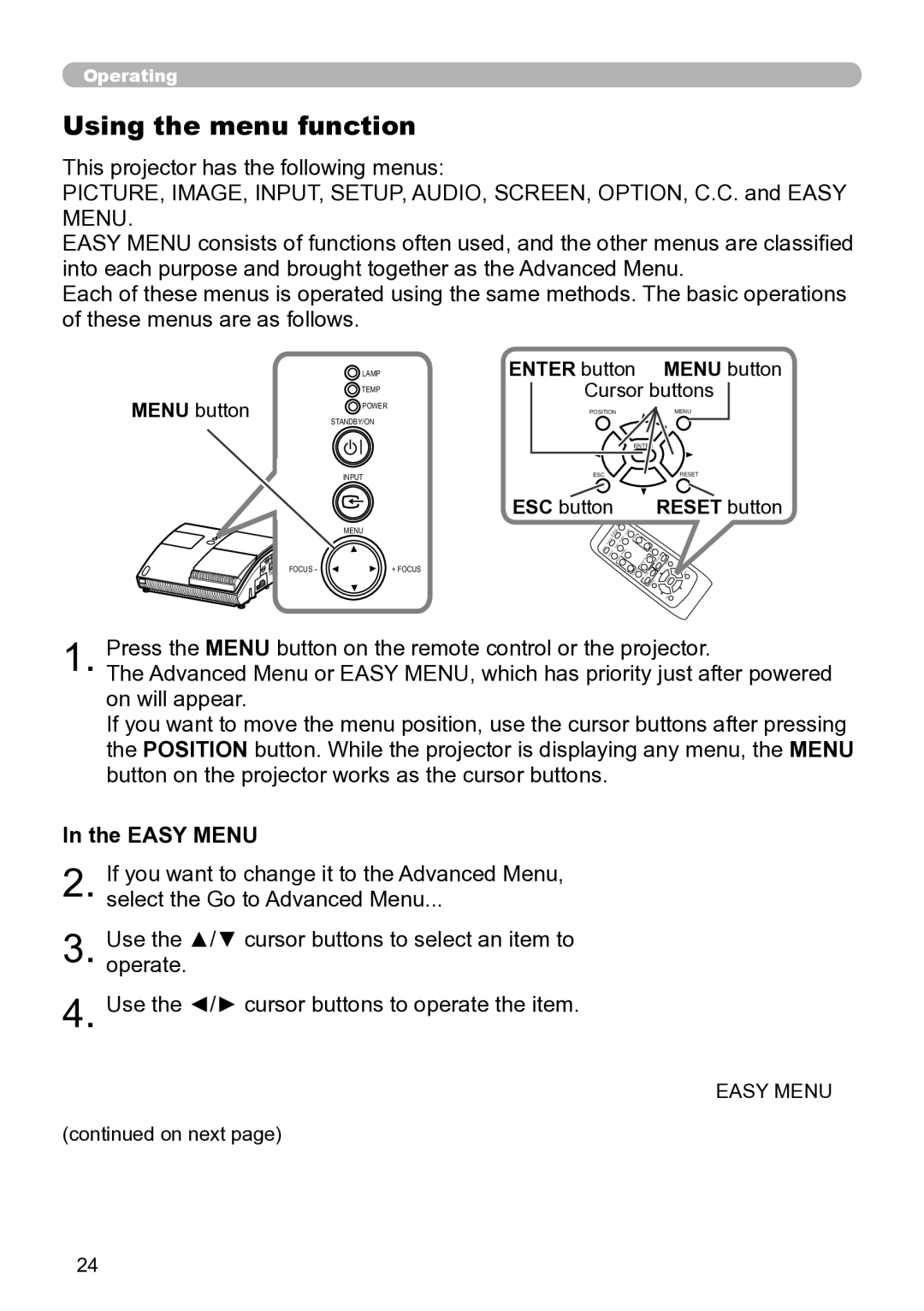 Hitachi ED-A111 user manual Using the menu function, Easy Menu, Enter button, Reset button 