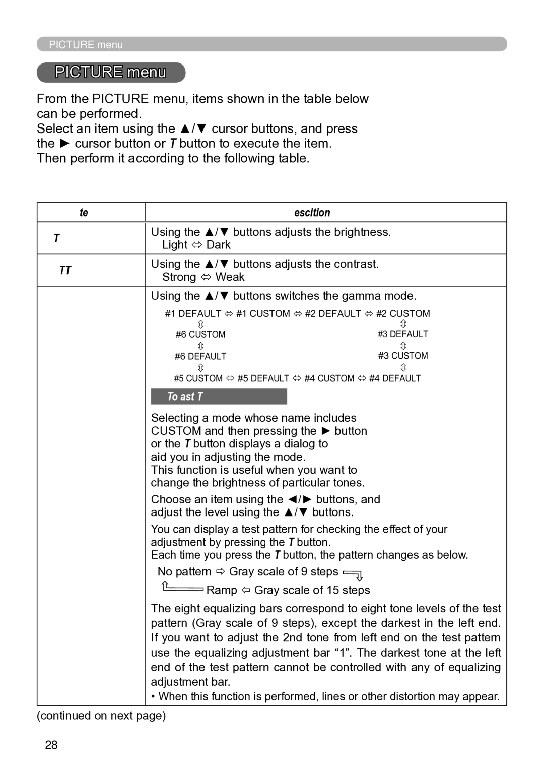 Hitachi ED-A111 user manual Picture menu, Gamma 