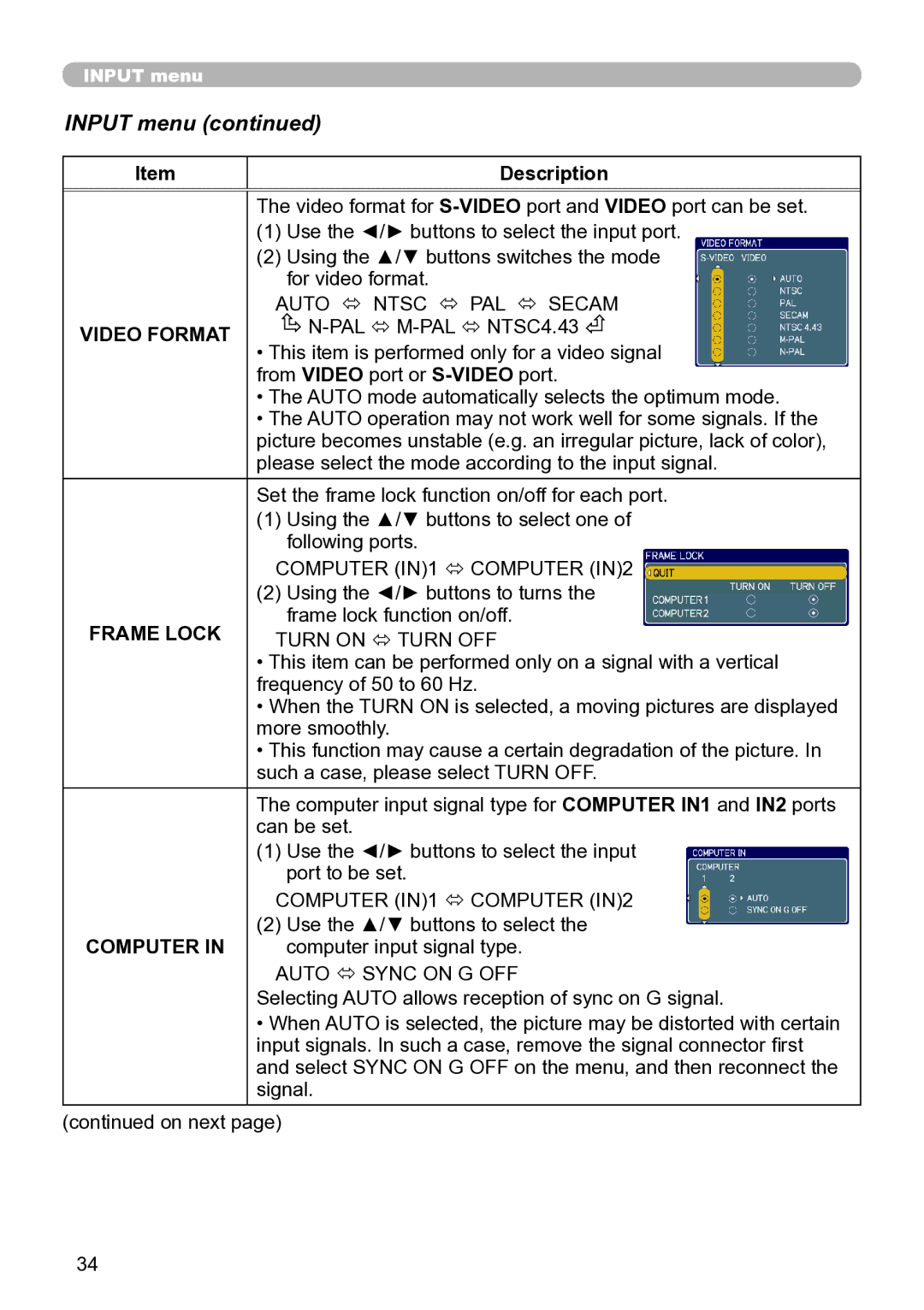 Hitachi ED-A111 user manual Input menu, Video Format, Frame Lock 