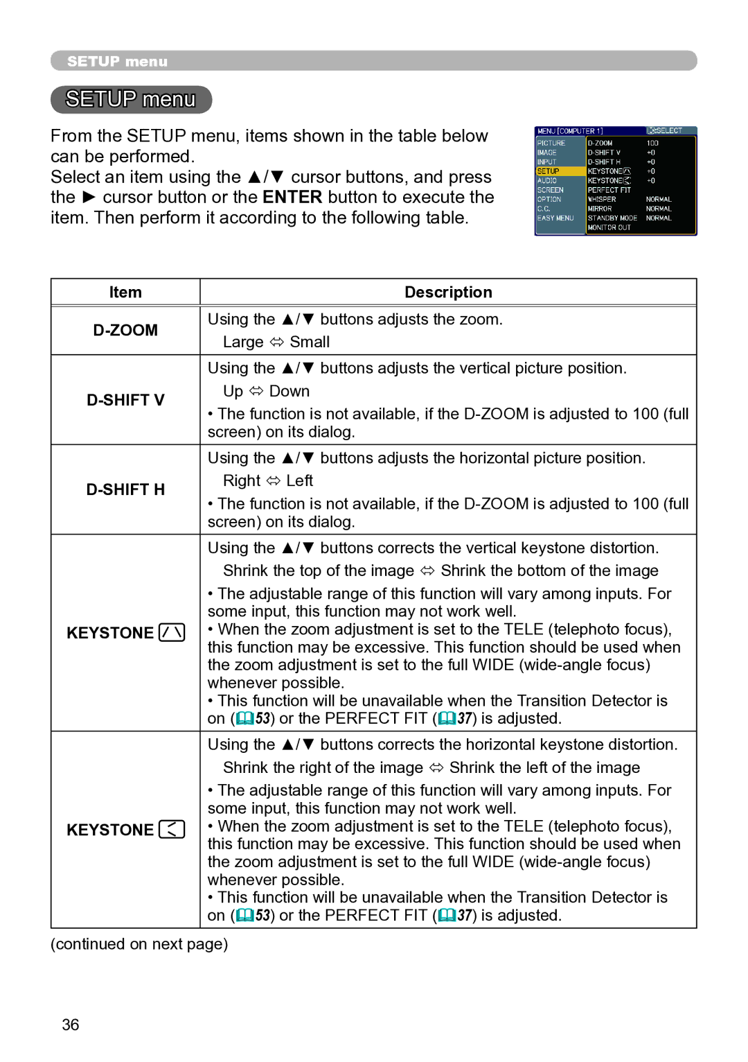 Hitachi ED-A111 user manual Setup menu, Shift H 