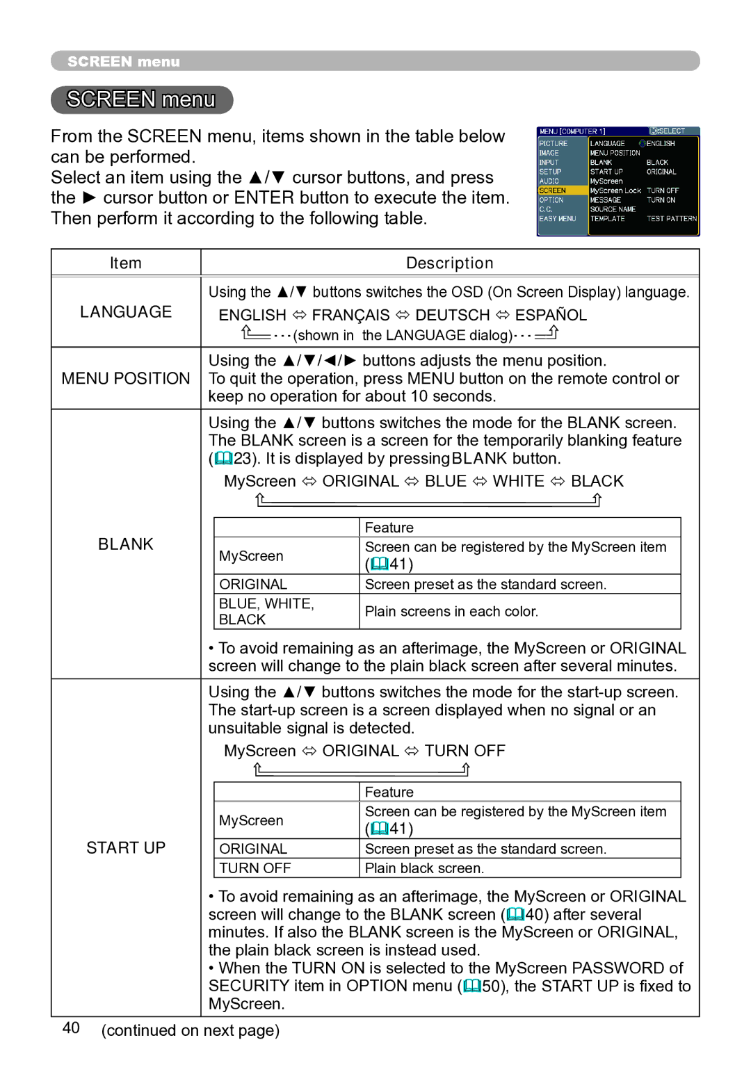 Hitachi ED-A111 user manual Screen menu, Blank, Start UP 