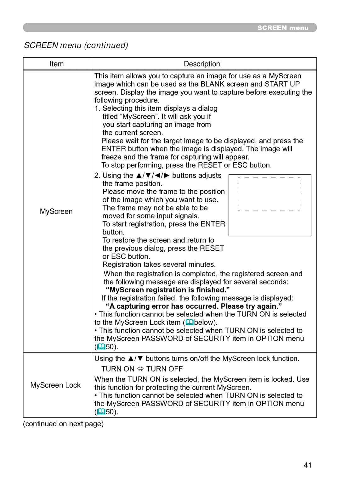 Hitachi ED-A111 user manual Screen menu, MyScreen registration is finished, Capturing error has occurred. Please try again 