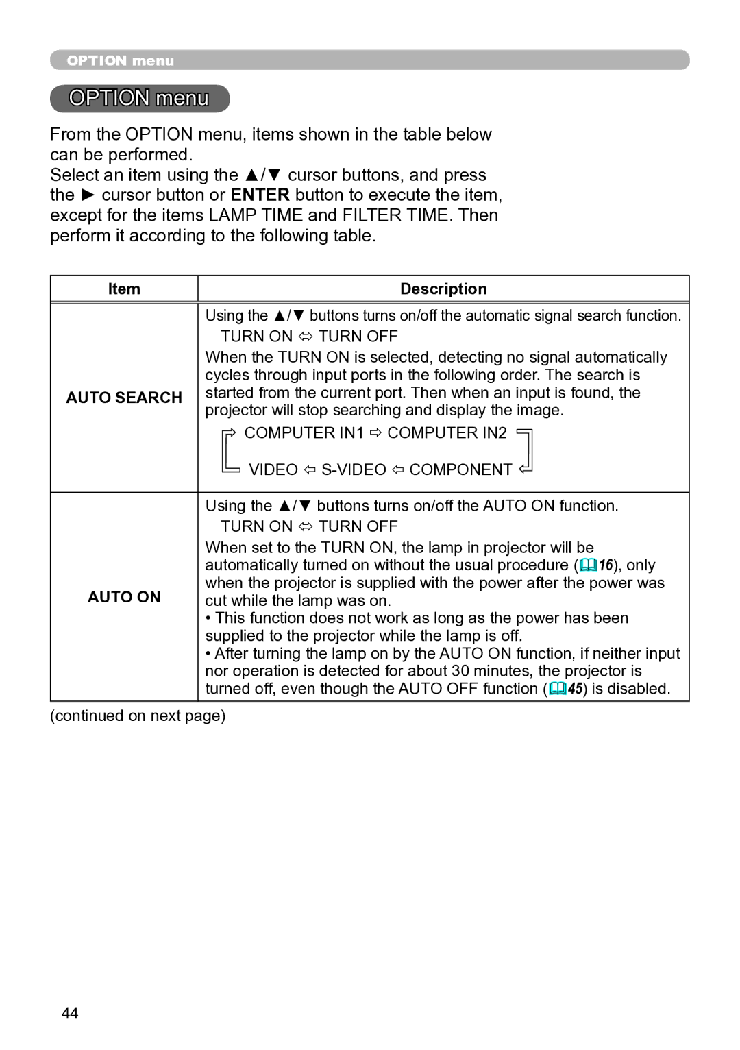 Hitachi ED-A111 user manual Option menu, Auto Search, Auto on 