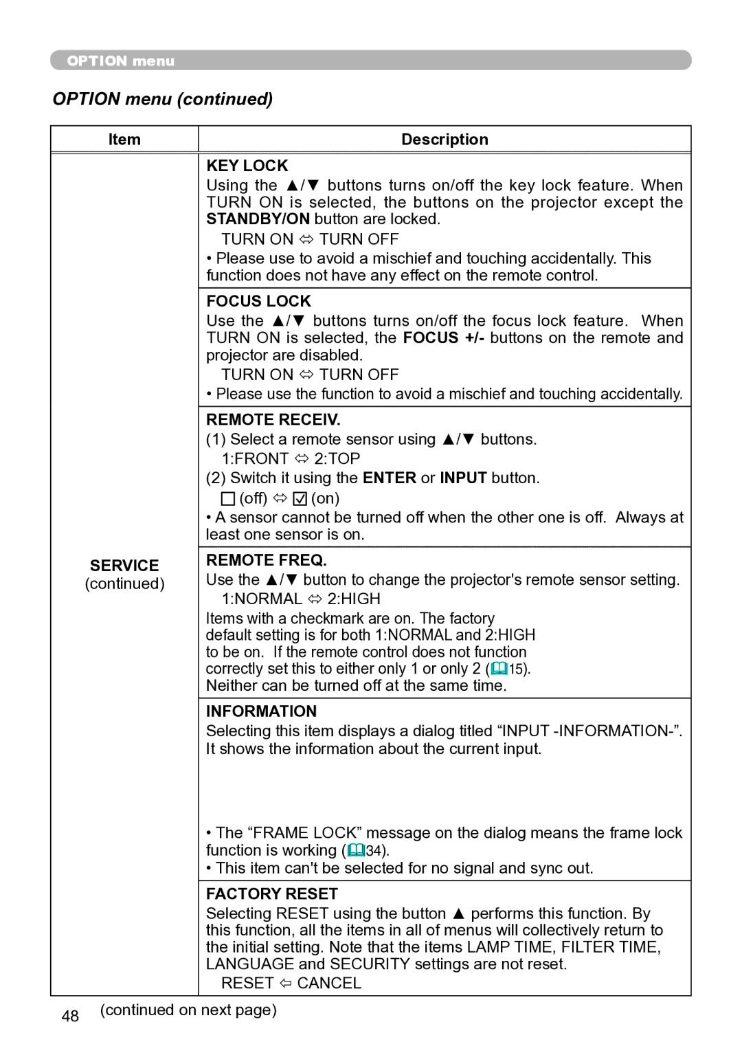 Hitachi ED-A111 user manual KEY Lock, Focus Lock, Remote Receiv, Service Remote Freq, Information, Factory Reset 