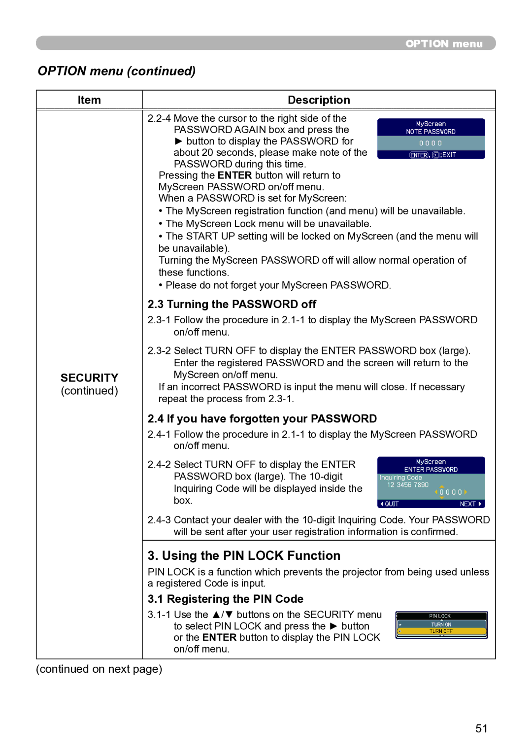 Hitachi ED-A111 Using the PIN Lock Function, Description Security, Turning the Password off, Registering the PIN Code 