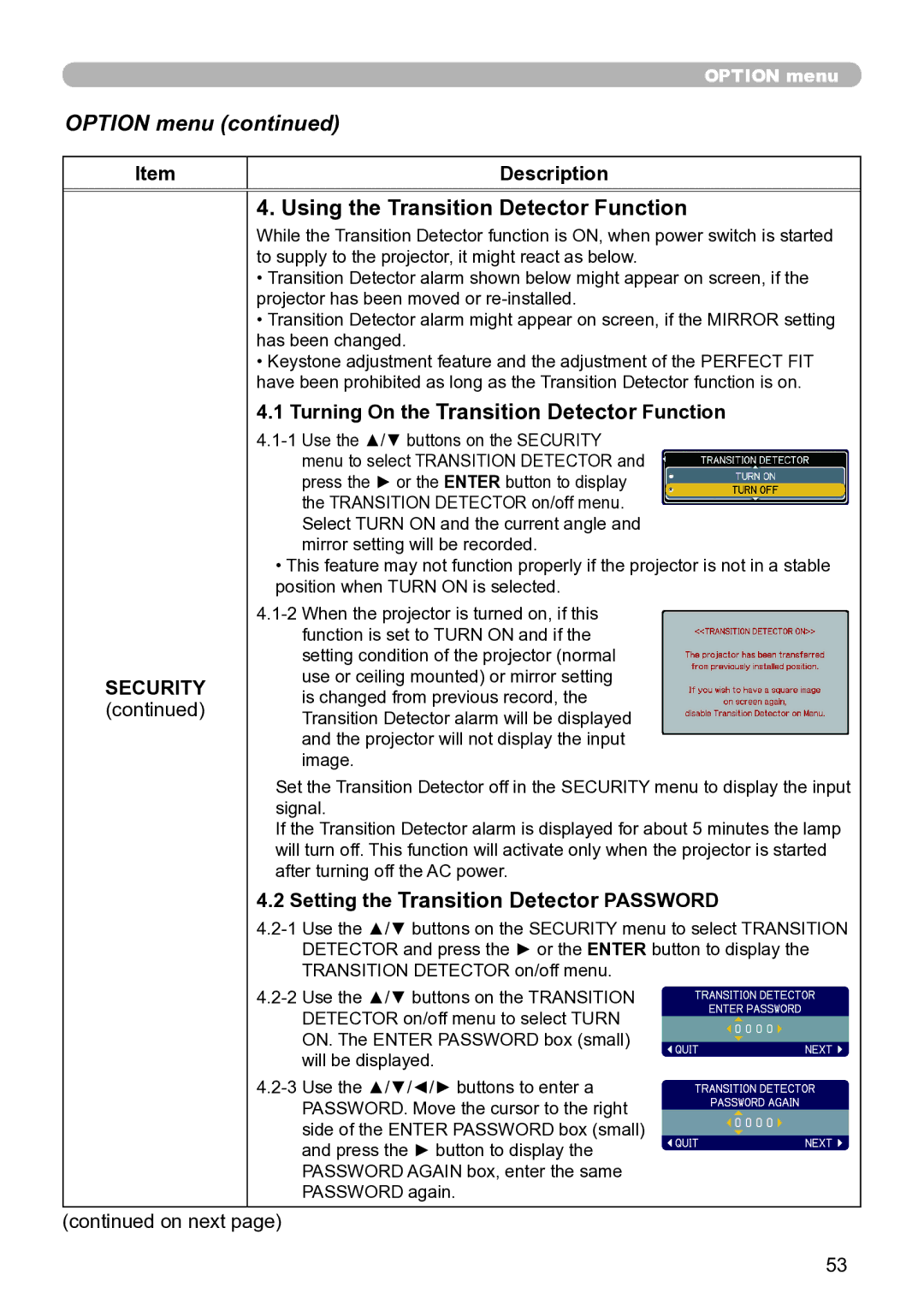 Hitachi ED-A111 user manual Using the Transition Detector Function, Turning On the Transition Detector Function 