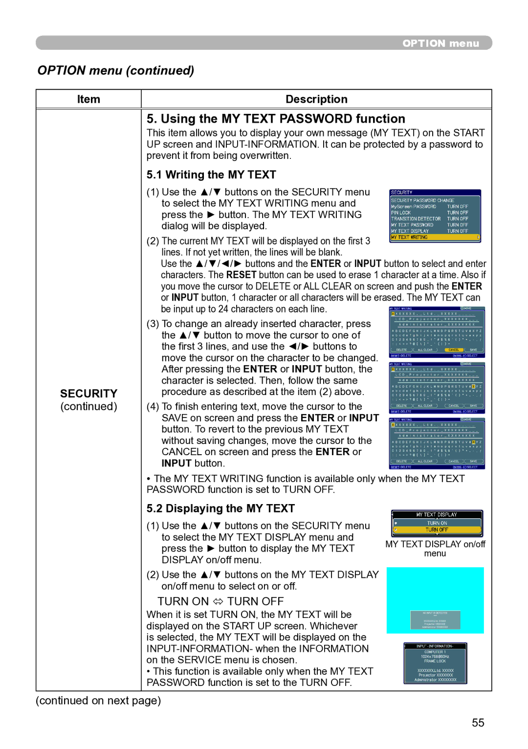 Hitachi ED-A111 user manual Using the MY Text Password function, Writing the MY Text, Displaying the MY Text 