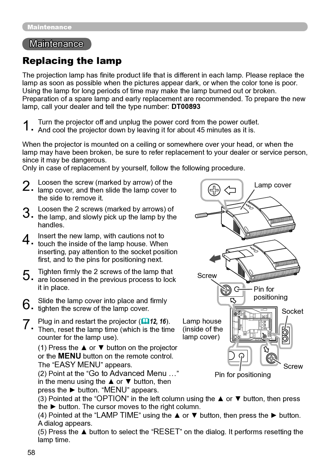 Hitachi ED-A111 user manual Maintenance, Replacing the lamp 