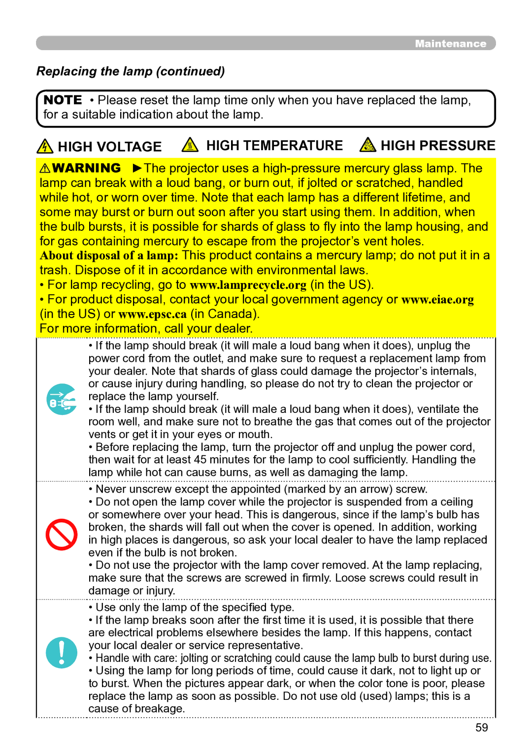 Hitachi ED-A111 user manual High Voltage High Temperature, Replacing the lamp 