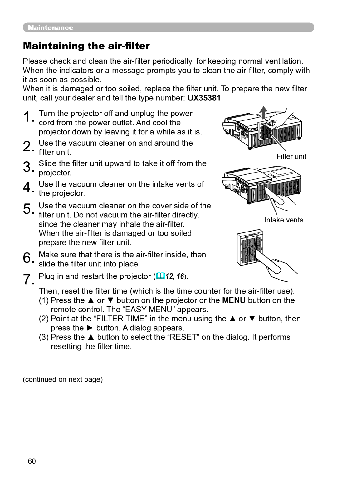 Hitachi ED-A111 user manual Maintaining the air-filter, Filter unit Intake vents 