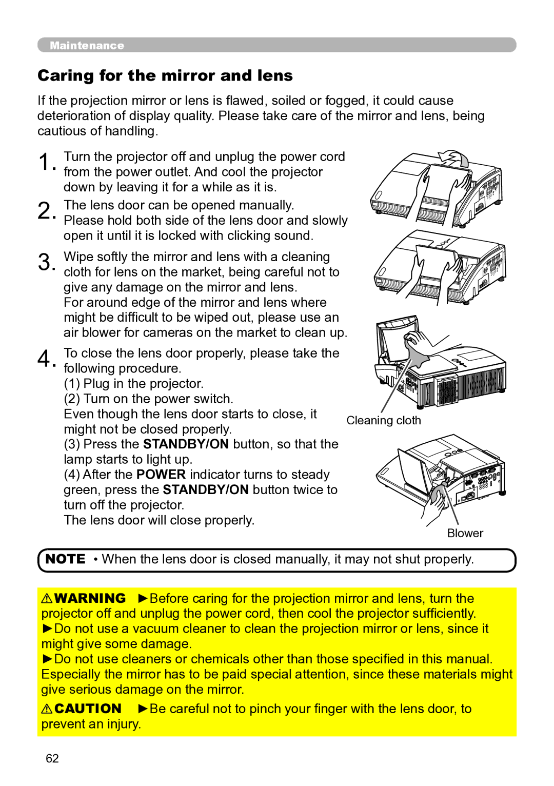 Hitachi ED-A111 user manual Caring for the mirror and lens, Blower 