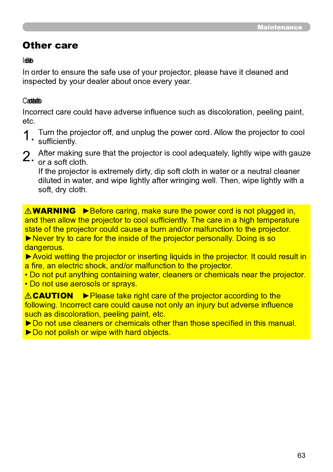 Hitachi ED-A111 user manual Other care, Inside of the projector, Caring for the cabinet and remote control 