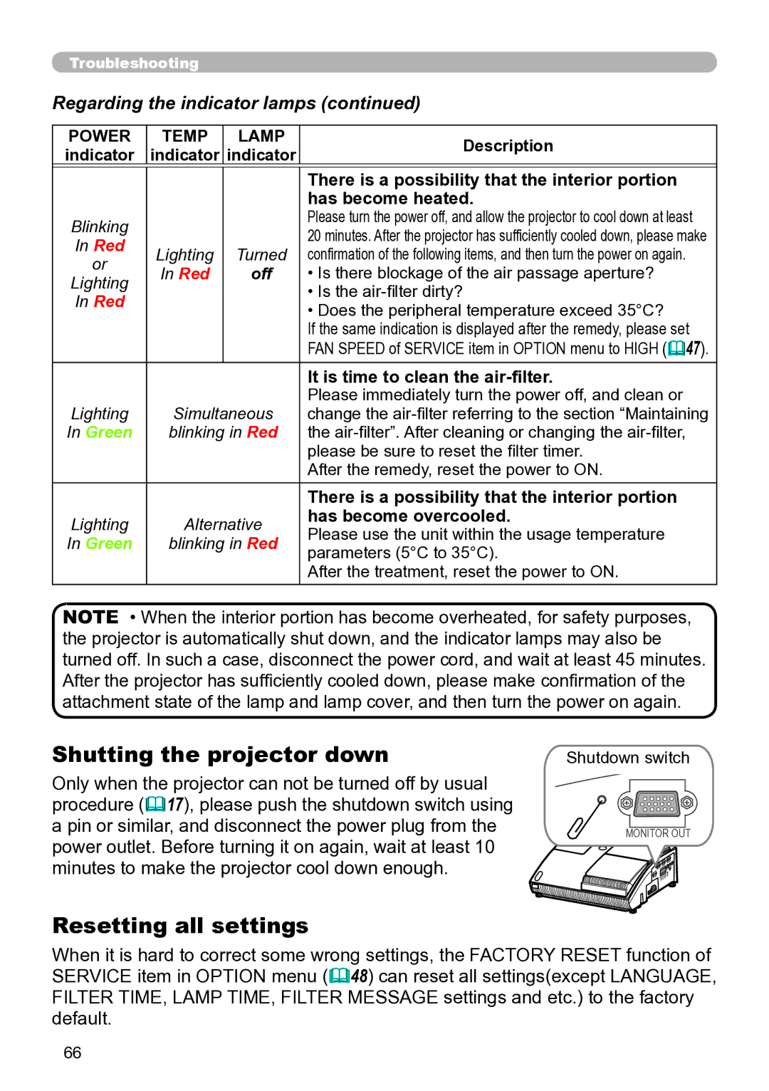 Hitachi ED-A111 user manual Shutting the projector down, Resetting all settings 