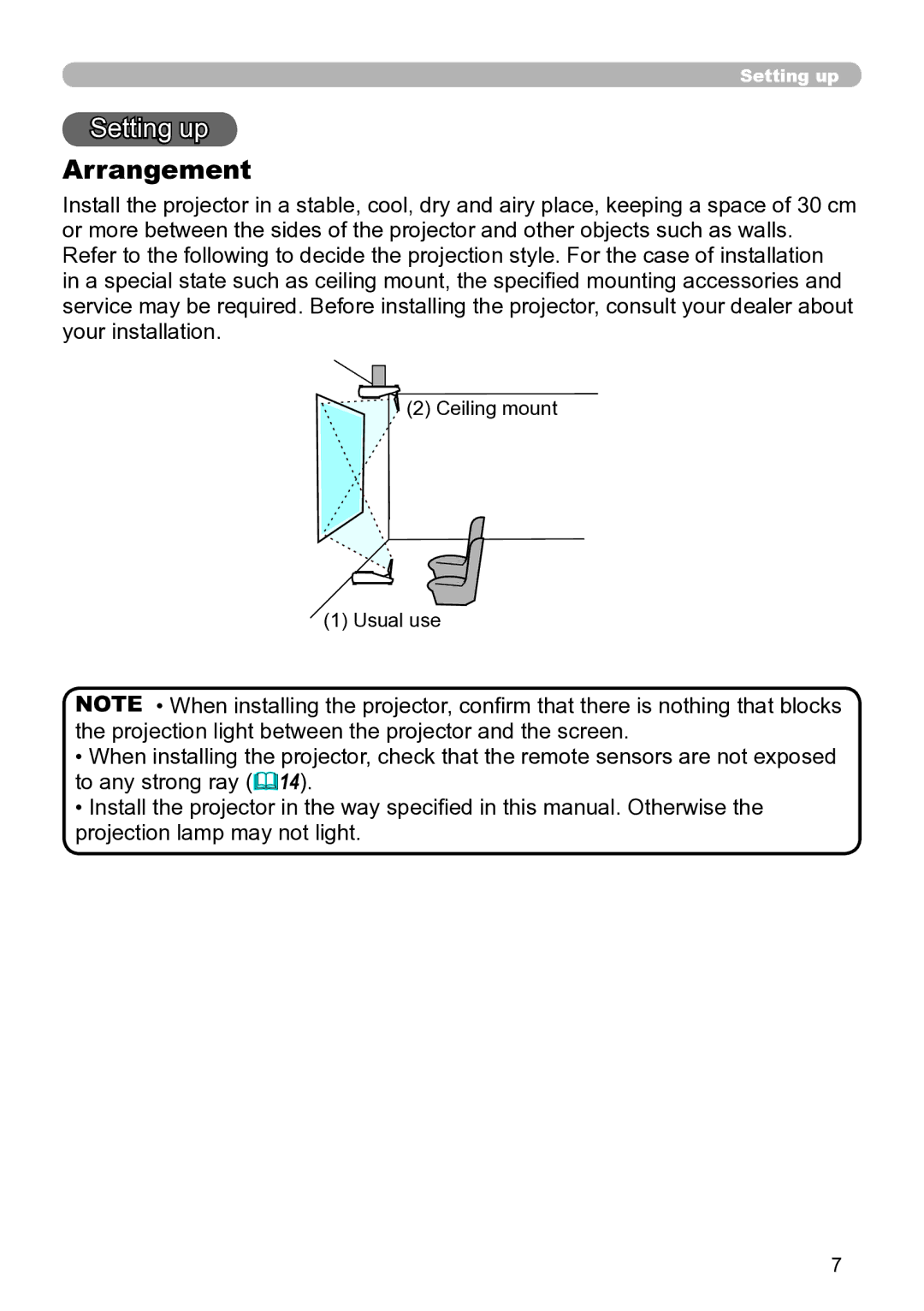 Hitachi ED-A111 user manual Setting up, Arrangement, Ceiling mount Usual use 