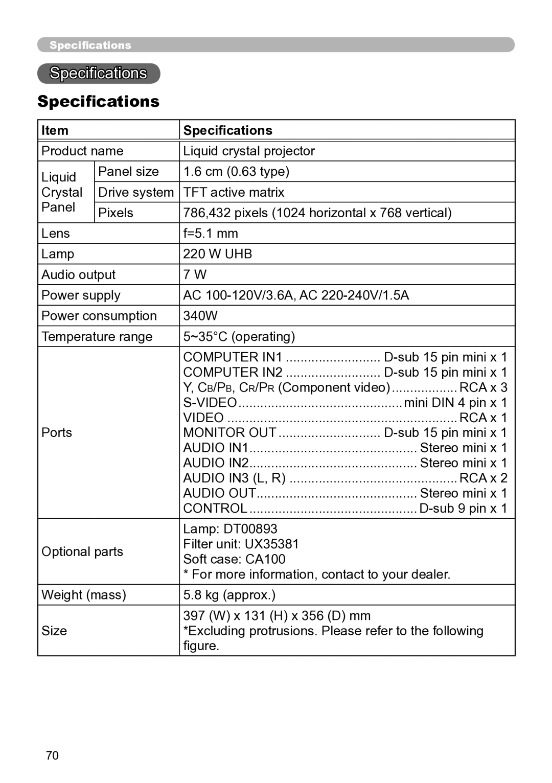 Hitachi ED-A111 user manual Specifications, RCA x 