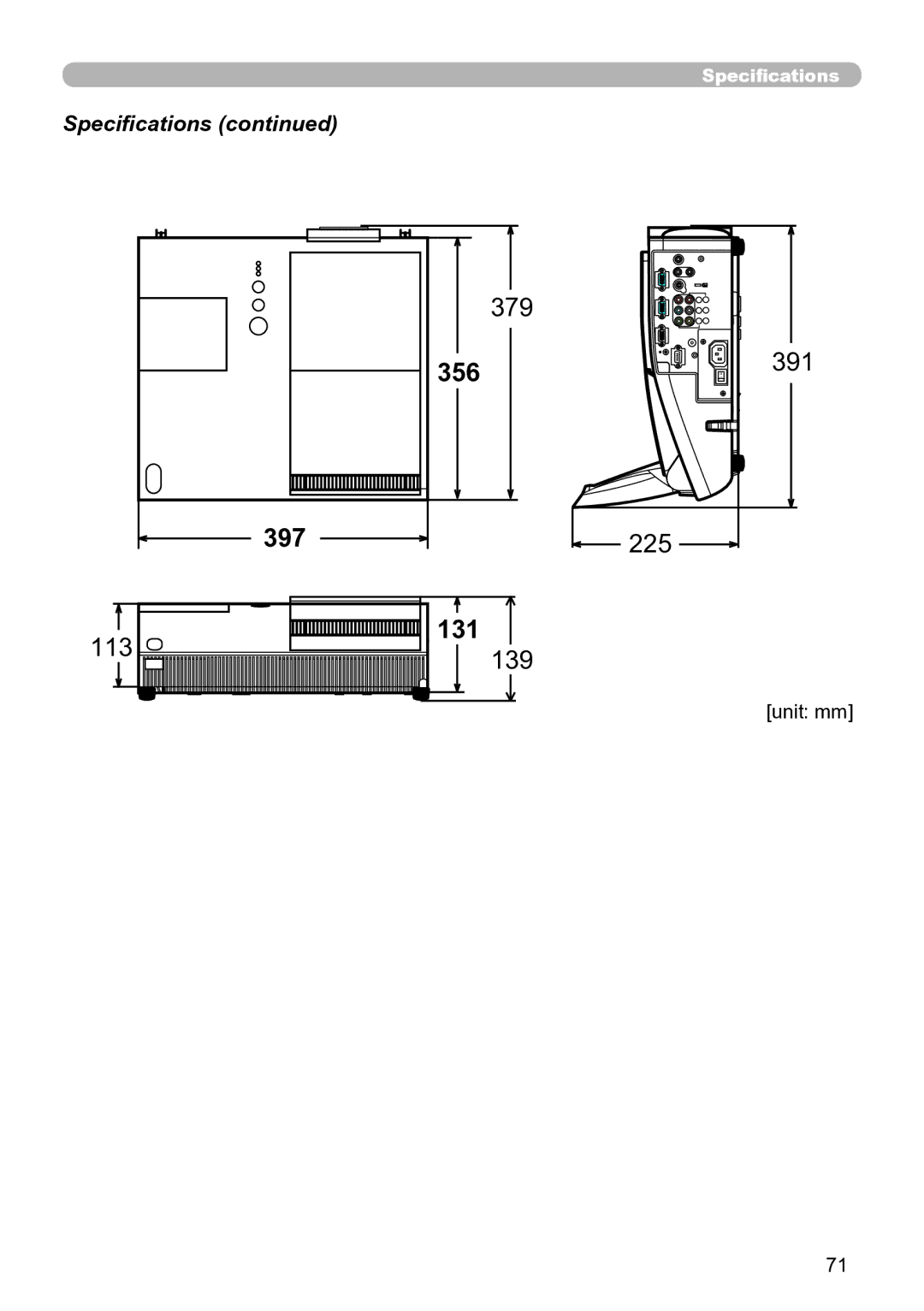 Hitachi ED-A111 user manual 356, 225, 131, Specifications, Unit mm 