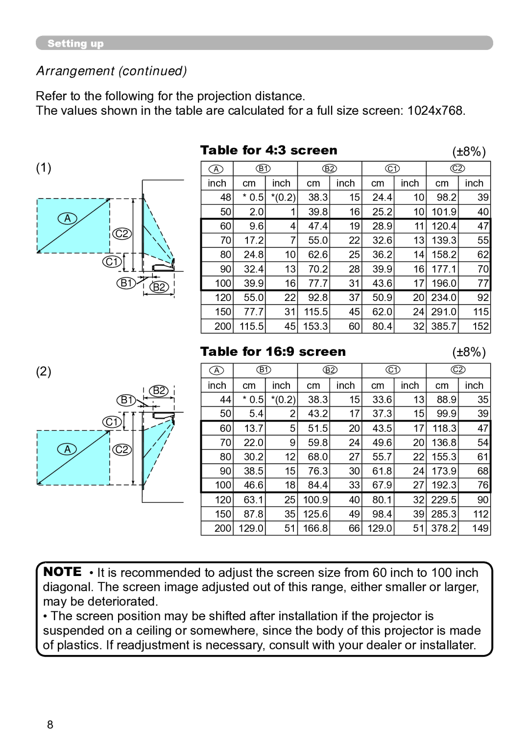 Hitachi ED-A111 user manual Arrangement, Table for 43 screen, Table for 169 screen 